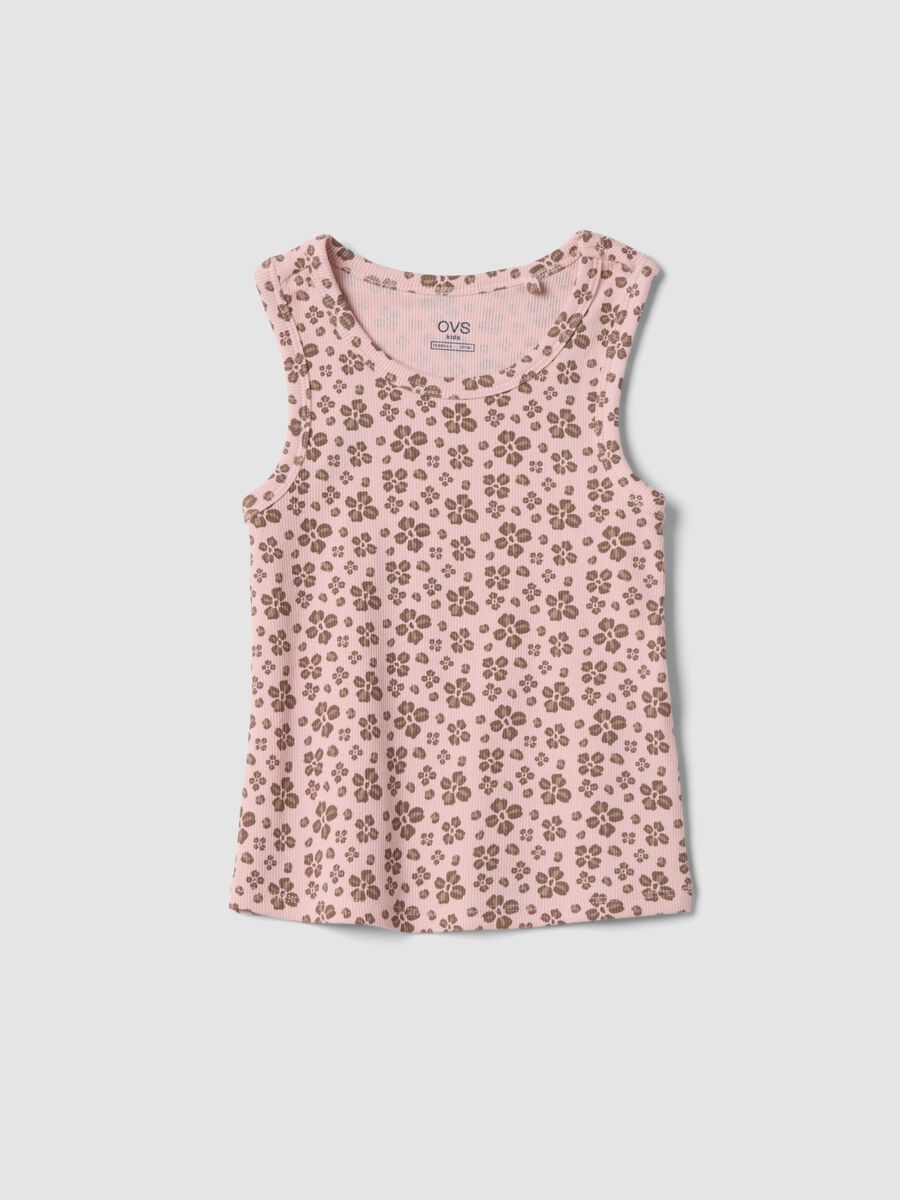 Pink ribbed stretch-cotton tank top with floral print_0