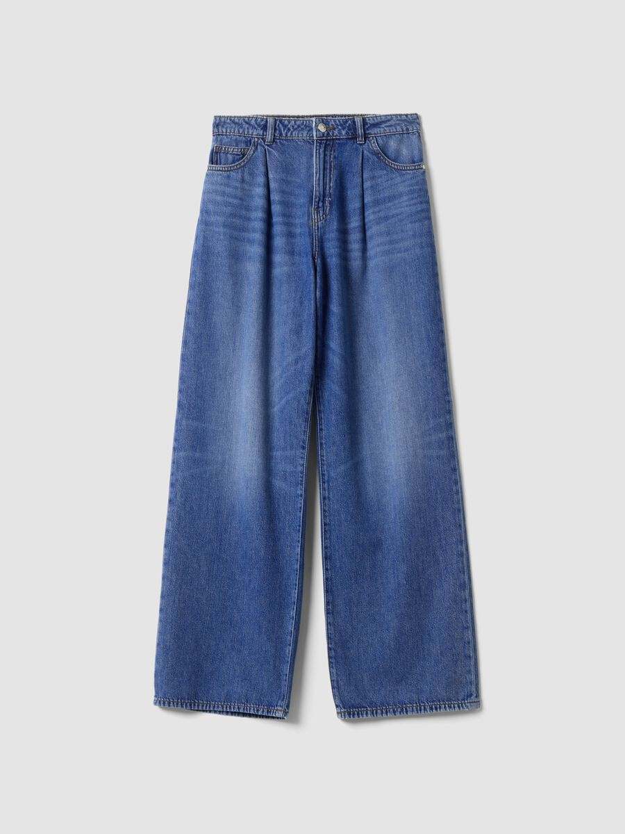 High-waisted wide-leg blue jeans in pure cotton_4