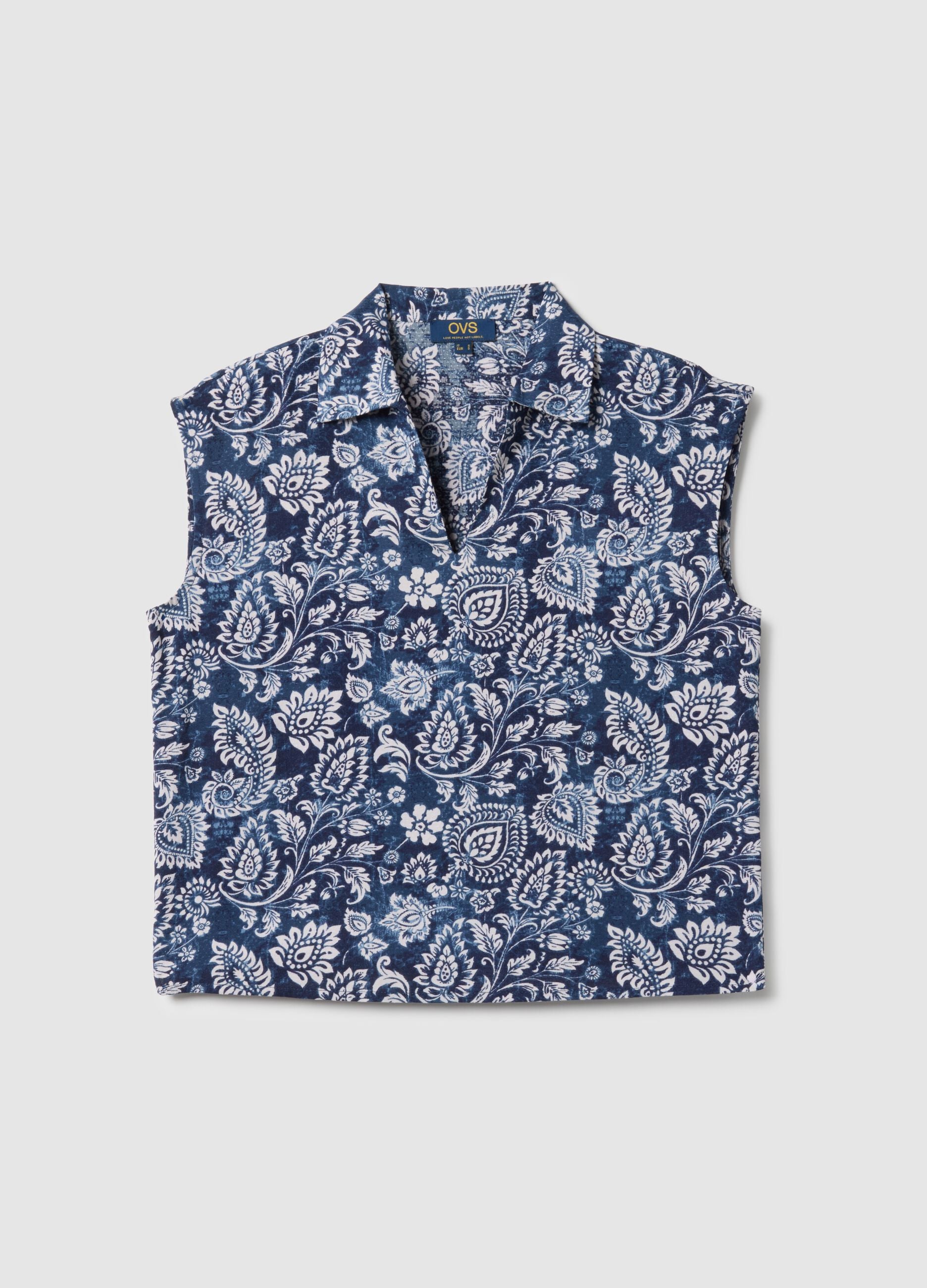Sleeveless blouse in pure multicolour viscose regular fit with V-neck