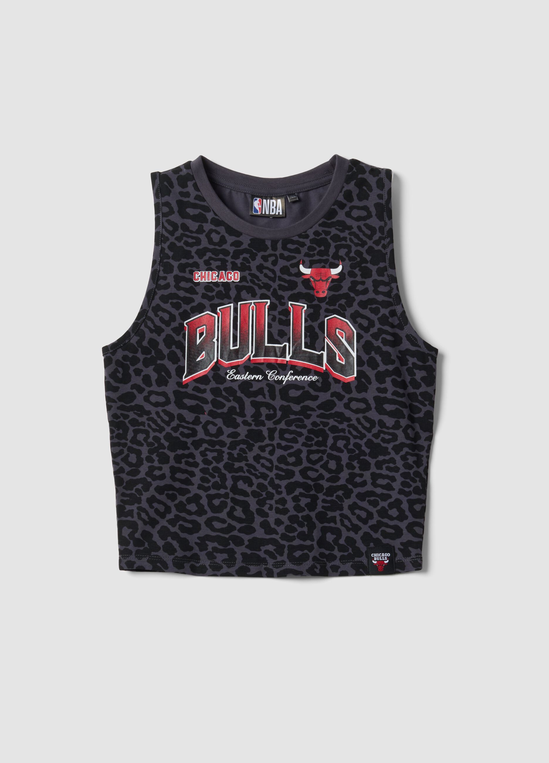 Black stretch cotton tank top with animal print