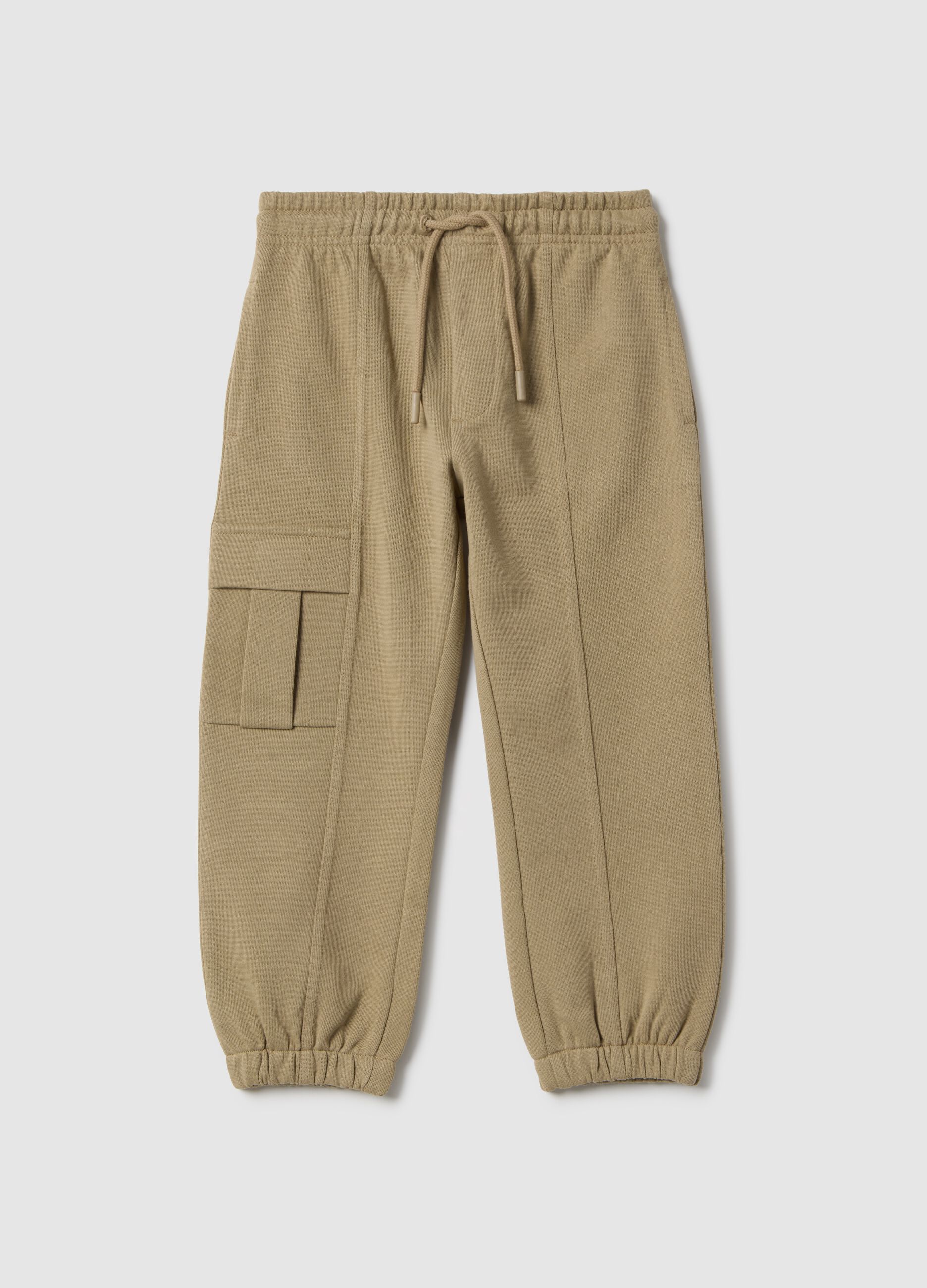 Child's beige jogger trousers in cotton blend, regular fit with elastic