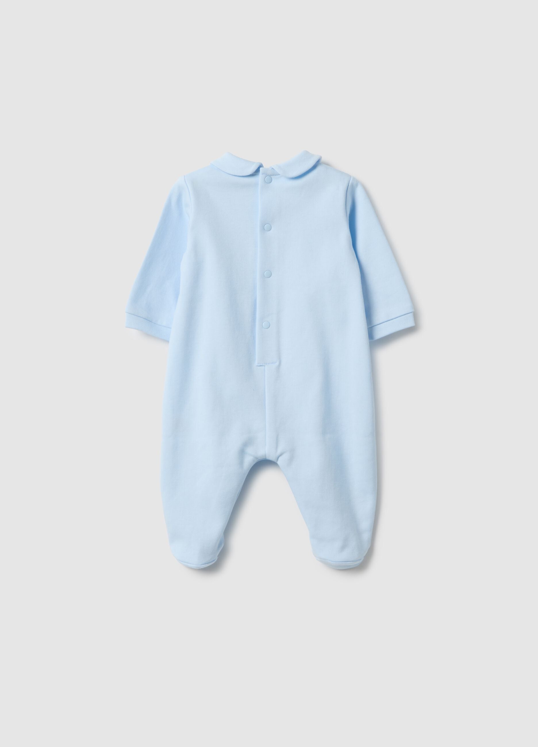 Blue pure cotton baby romper with long sleeves and embroidery
