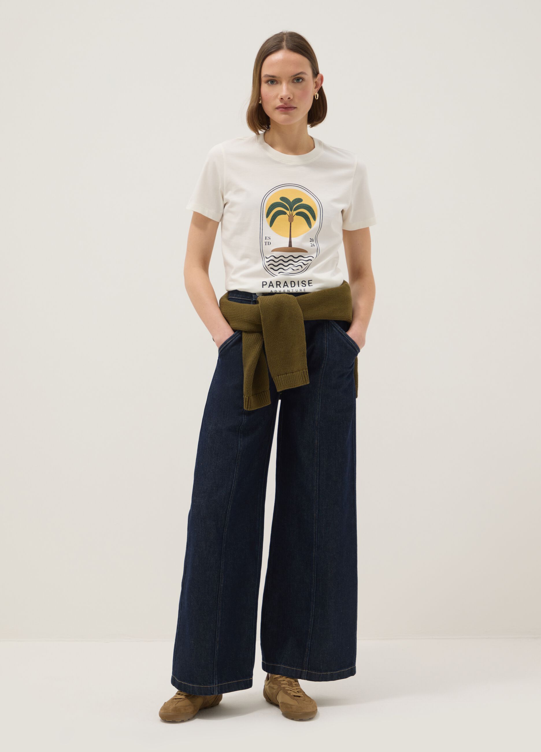 White pure cotton t-shirt regular fit with print