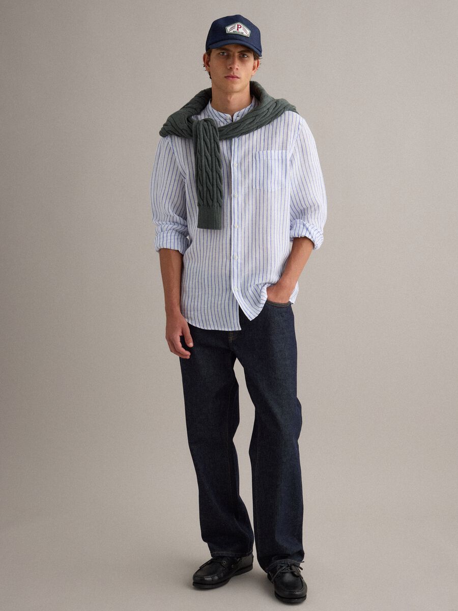 Light blue pure linen striped shirt with mandarin collar, regular fit_2