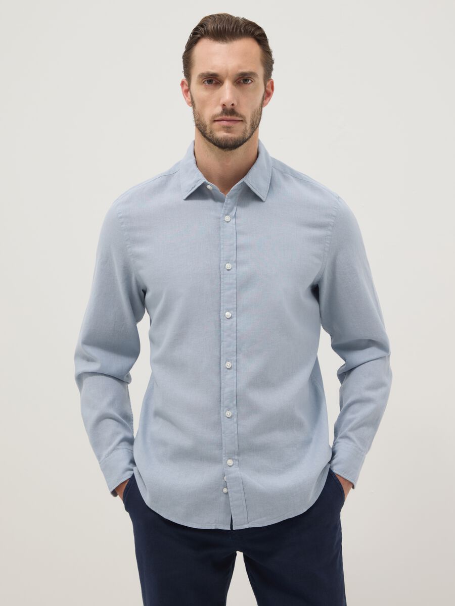 Regular fit blue shirt in linen and cotton blend_0