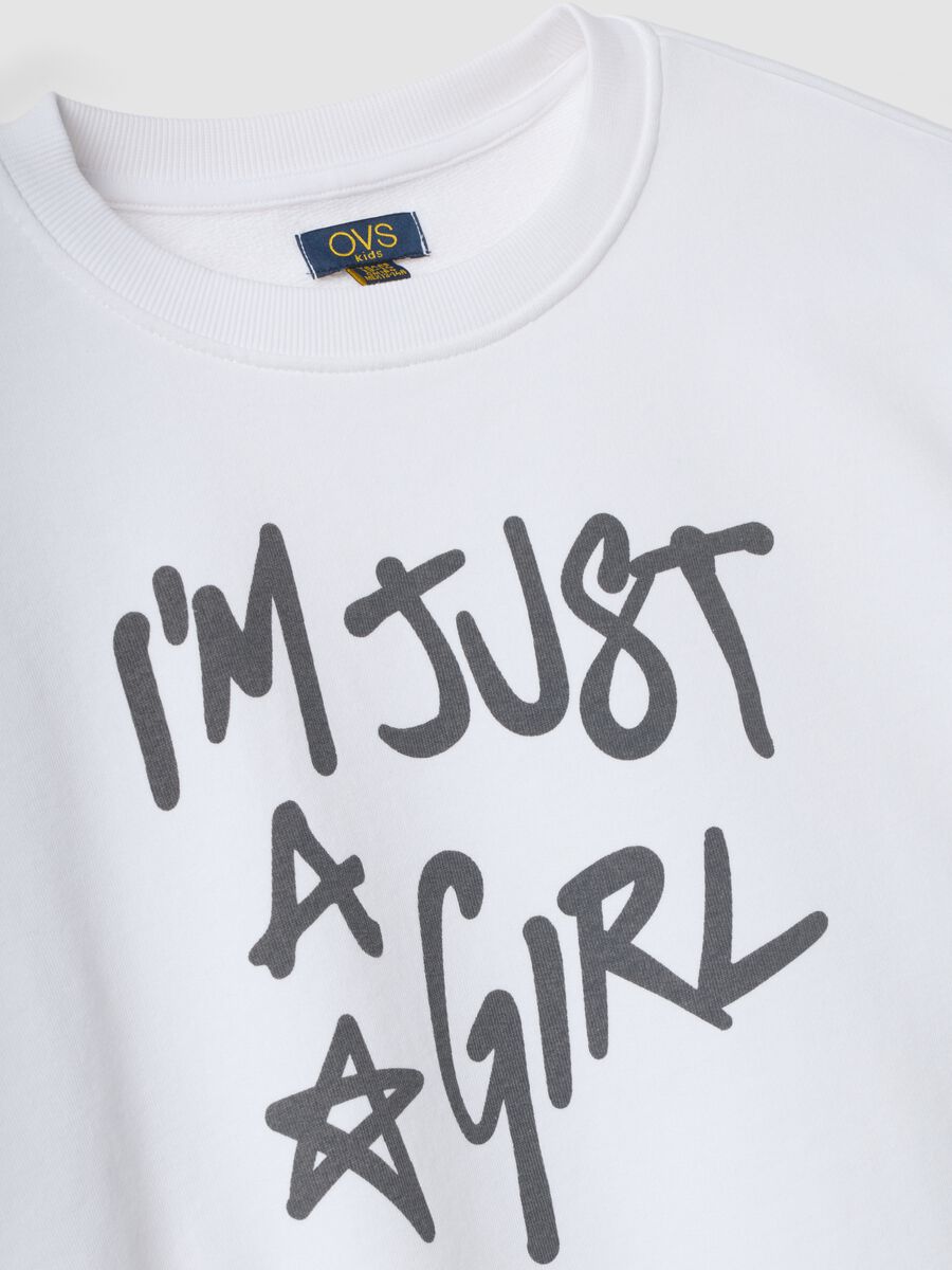 White pure cotton sweatshirt with front slogan, relaxed fit for girls_5