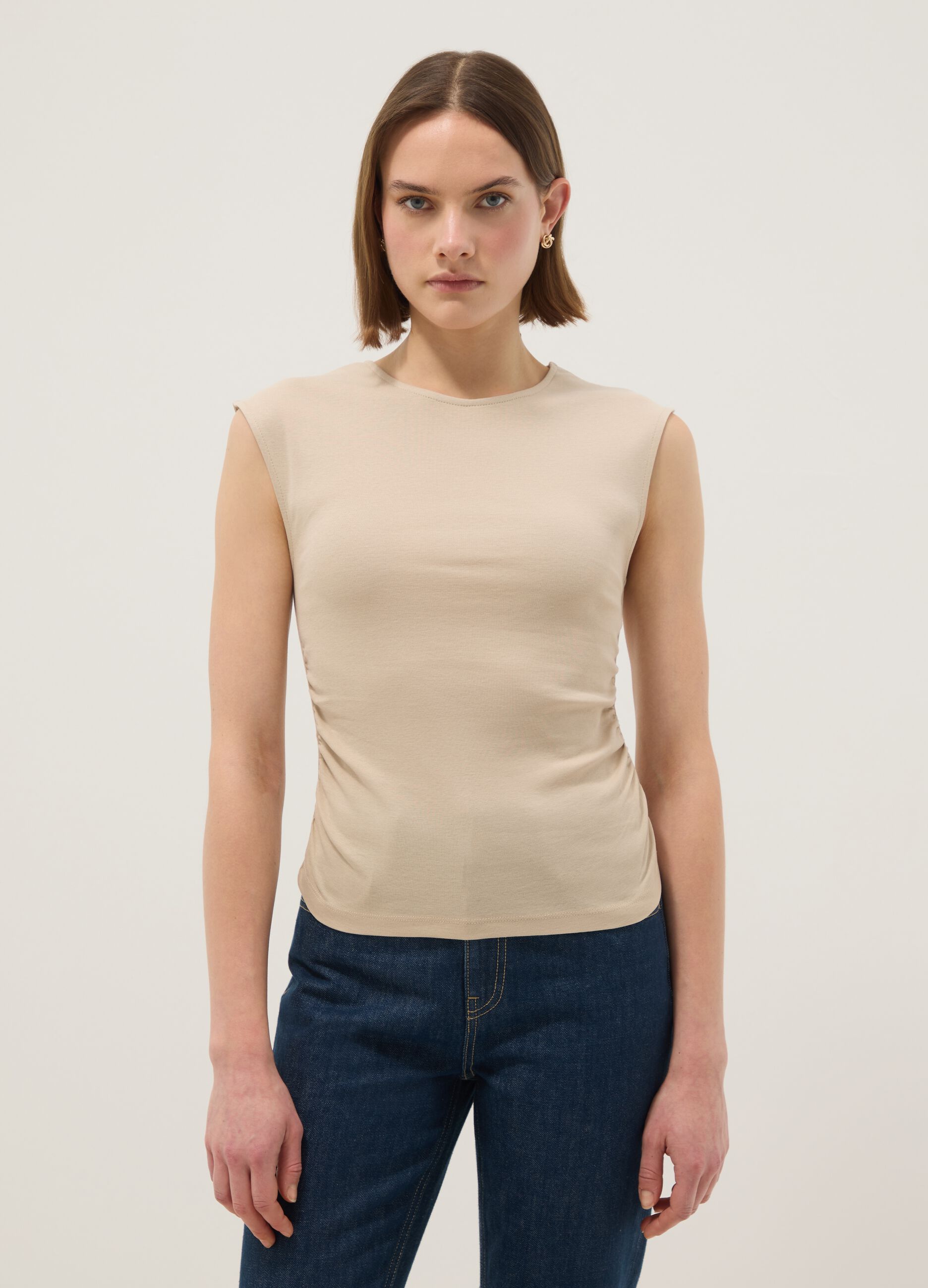 Beige pure cotton regular fit tank top
