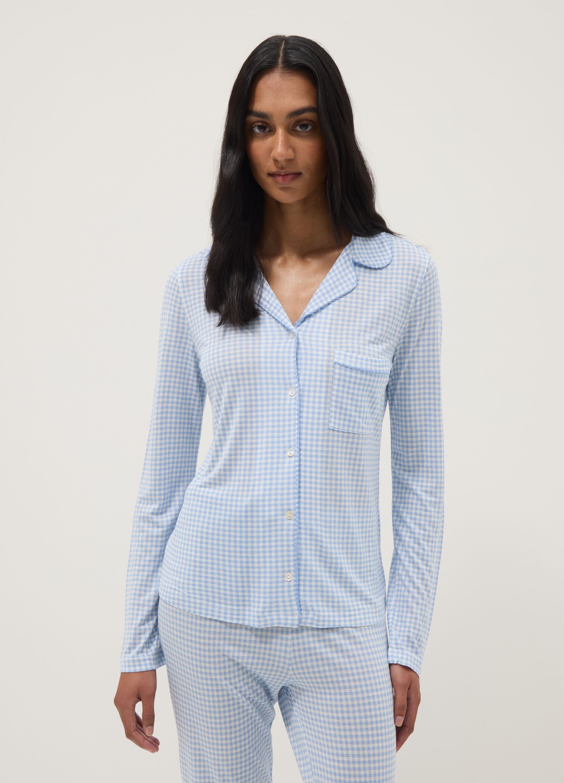 Pure Viscose Multicolour Check Pyjama Regular Fit with V-Neck