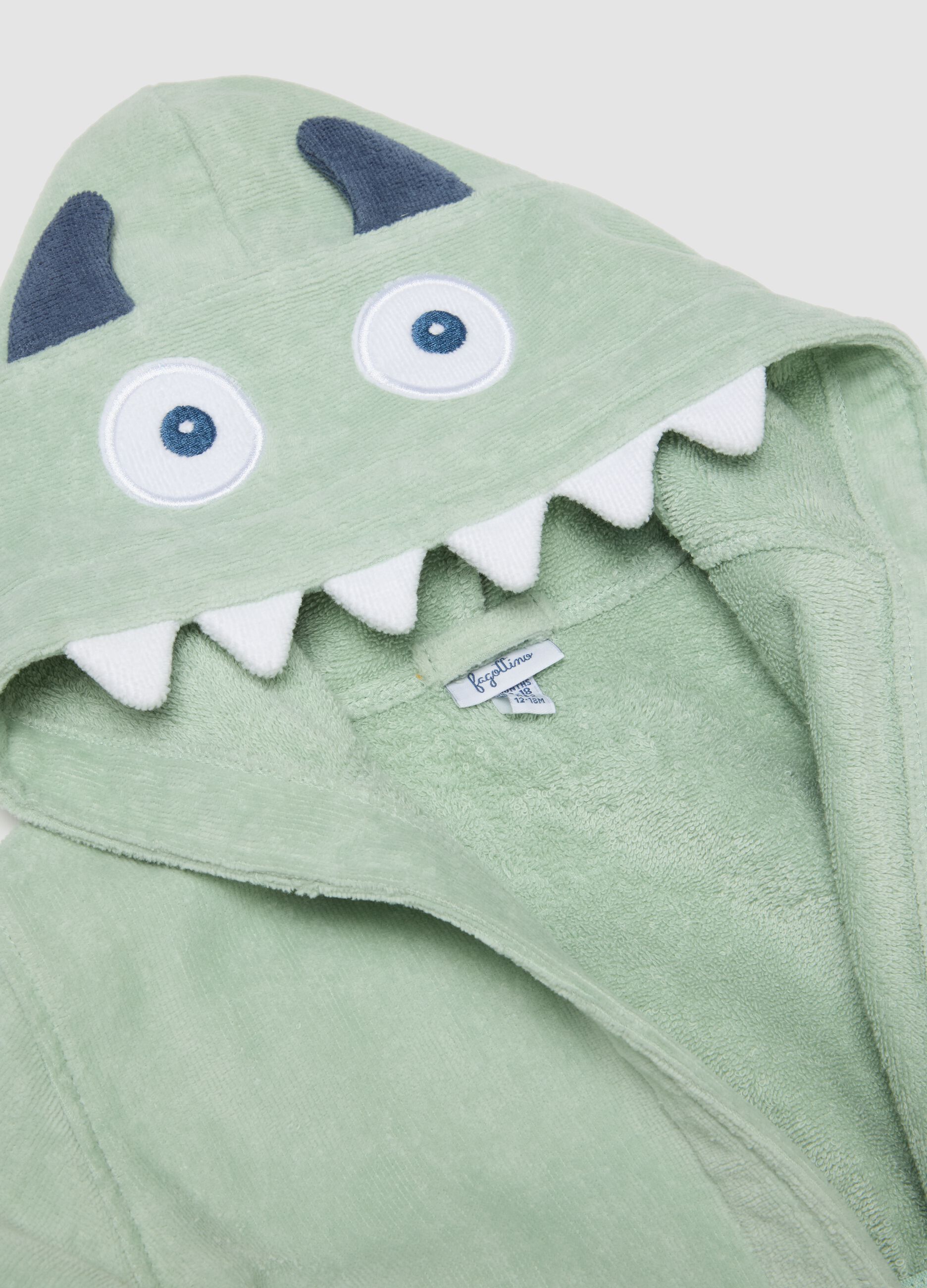 Green organic cotton dinosaur hooded bathrobe for babies and toddlers
