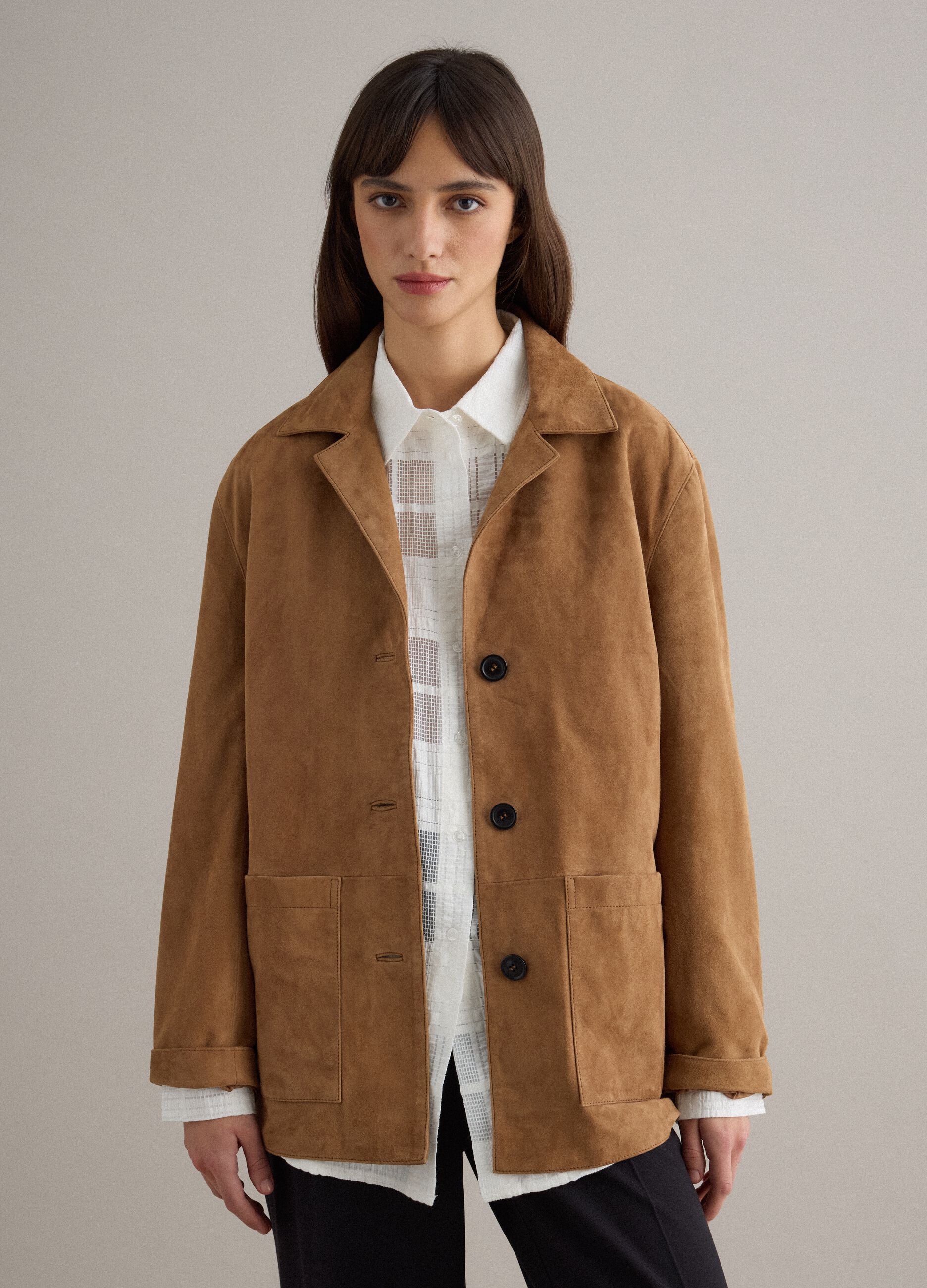 Brown genuine leather regular fit blazer with buttons