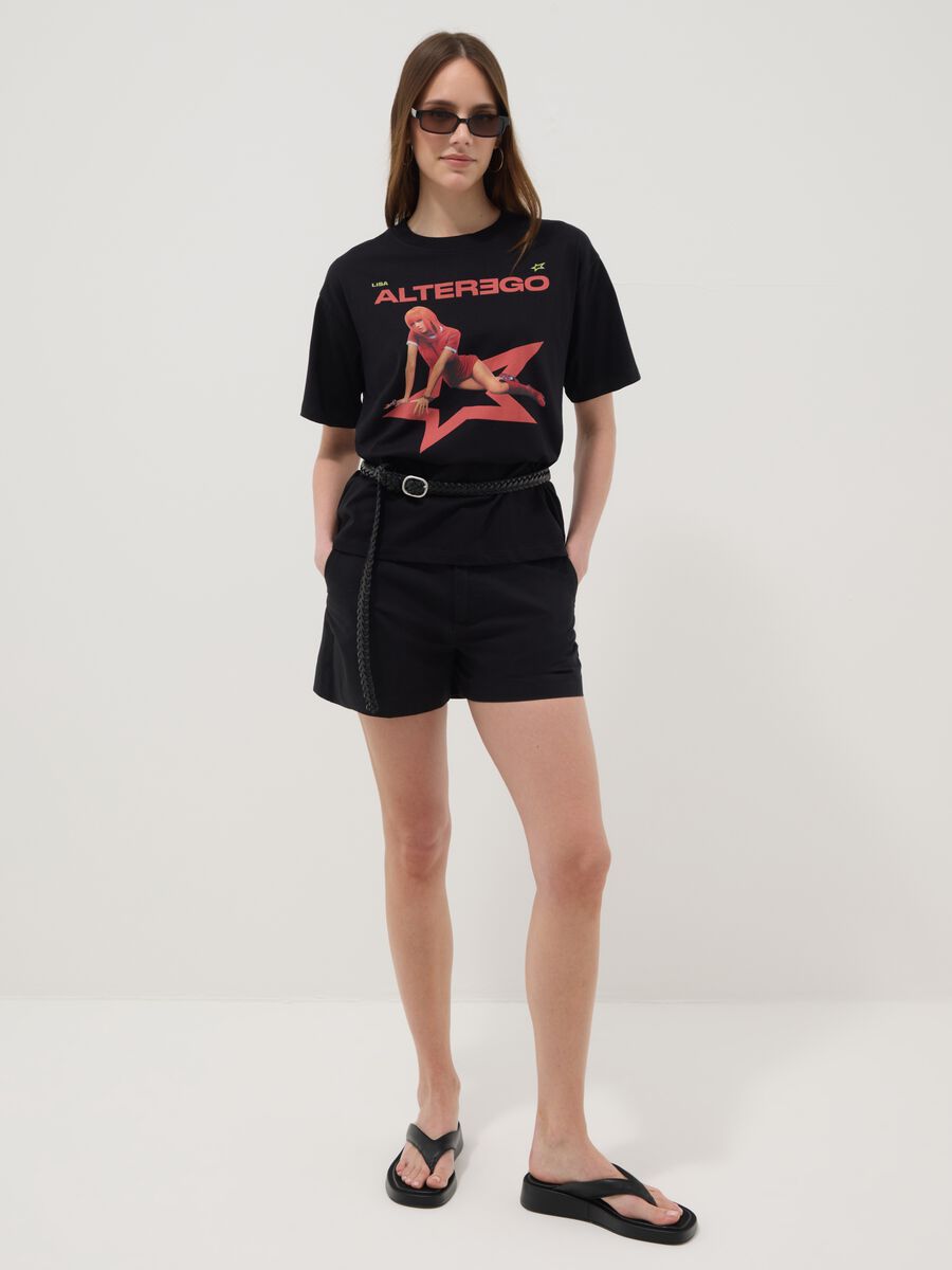 Black short-sleeved pure cotton T-shirt with graphic print_2