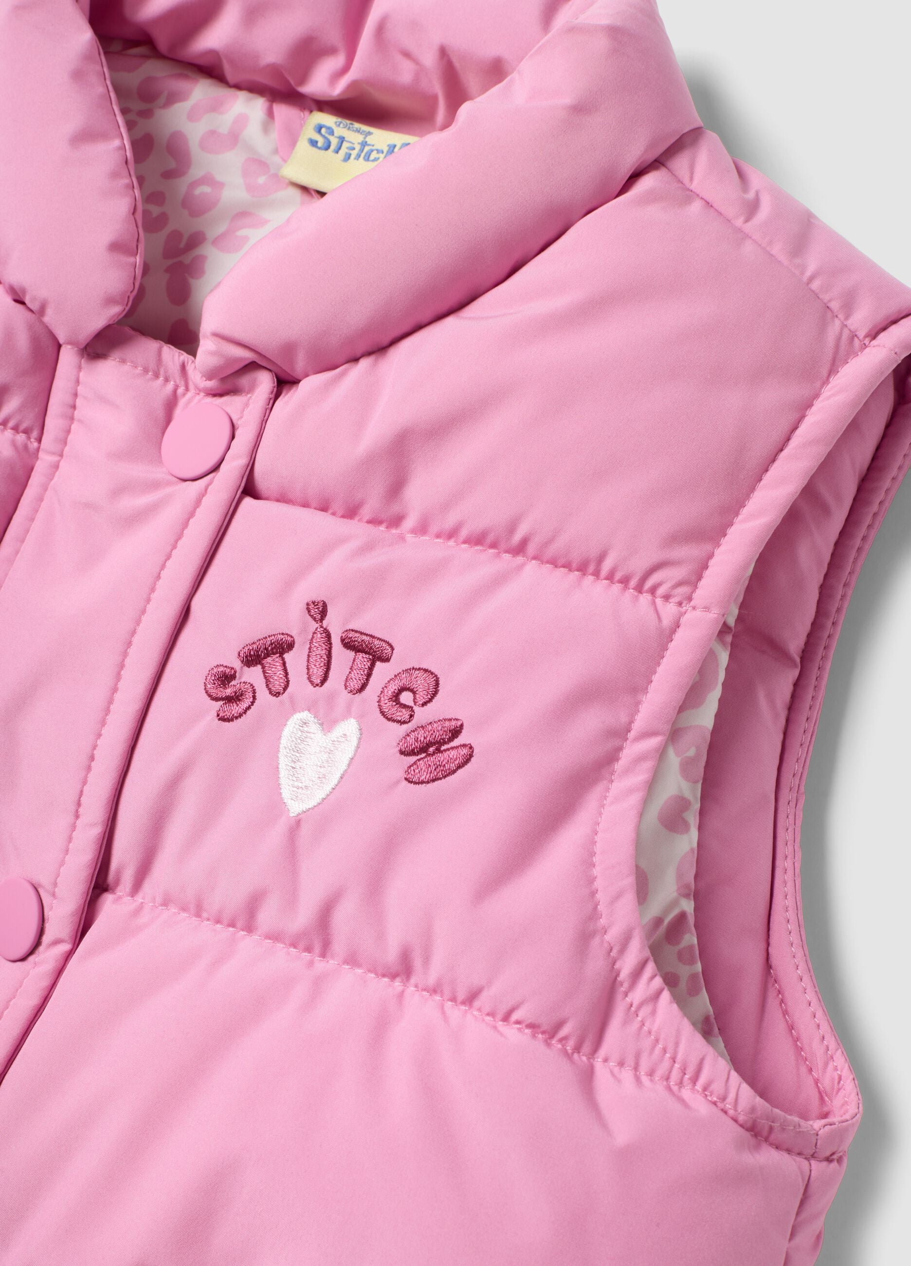 Girls&rsquo; pink padded gilet with Lilo & Stitch embroidery