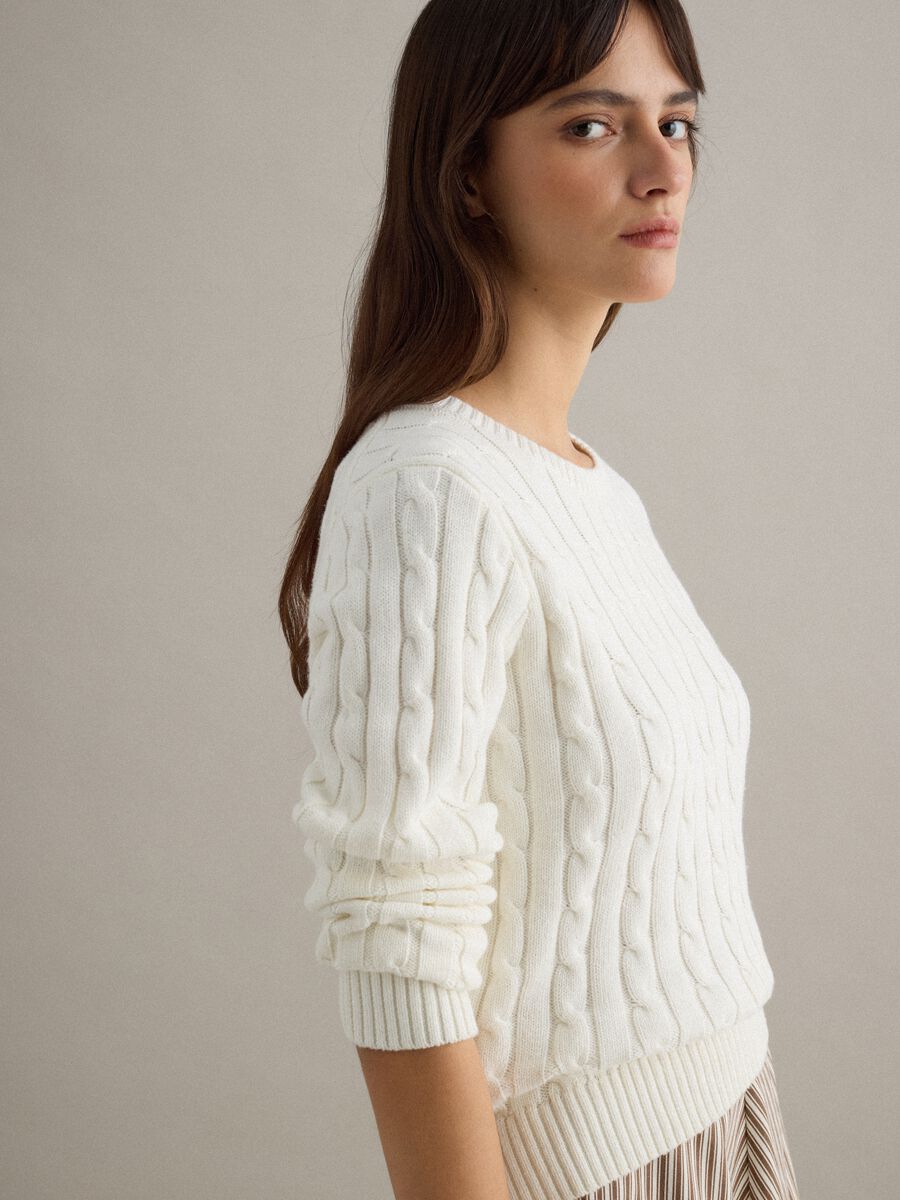 White pure cotton regular fit cable-knit sweater_1