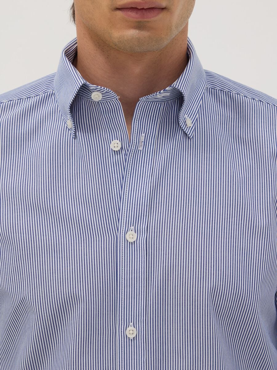 Blue striped cotton-blend button-down shirt, easy iron, slim fit_1