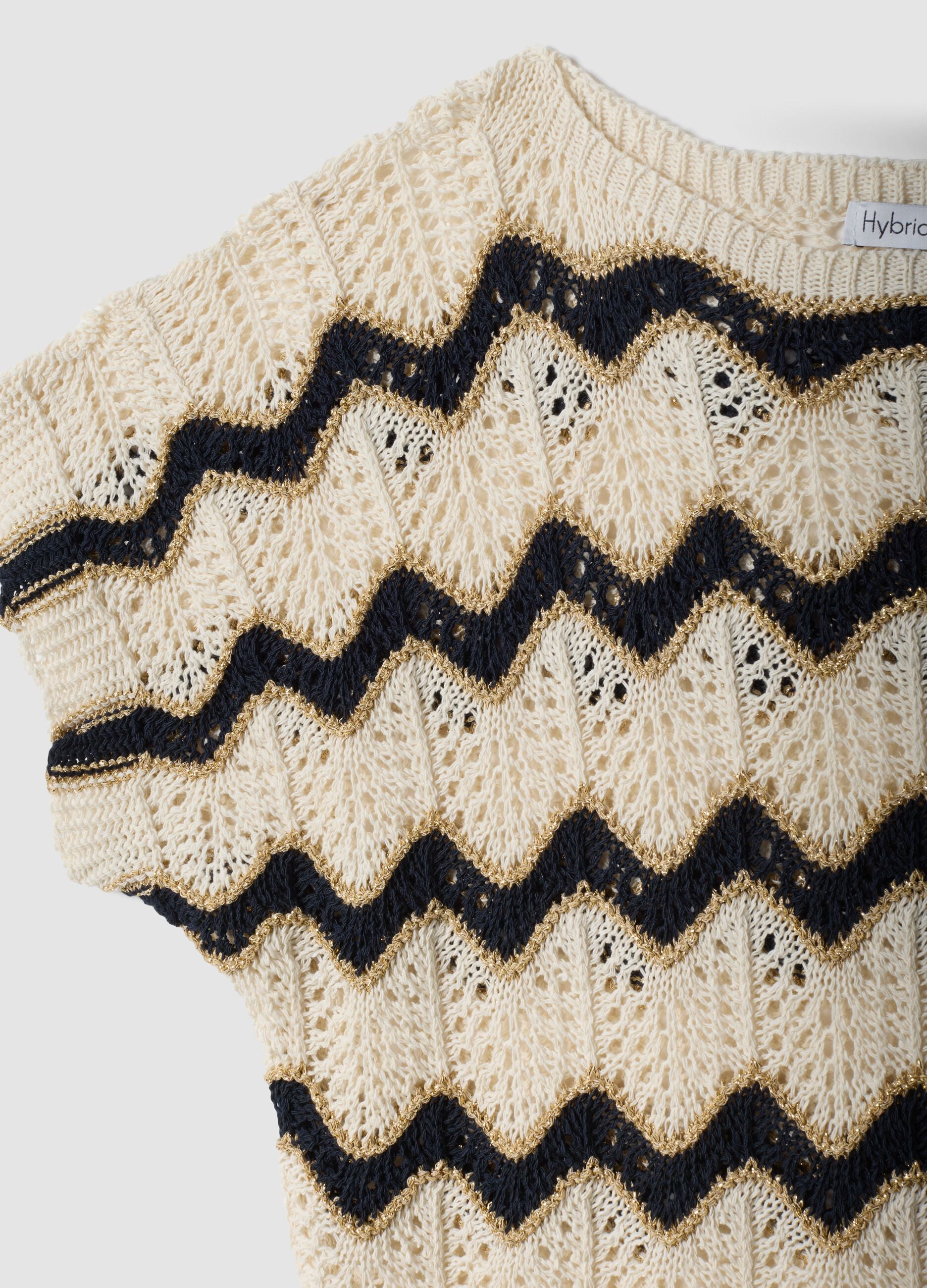 Beige openwork top with blue stripes in stretch cotton, regular fit