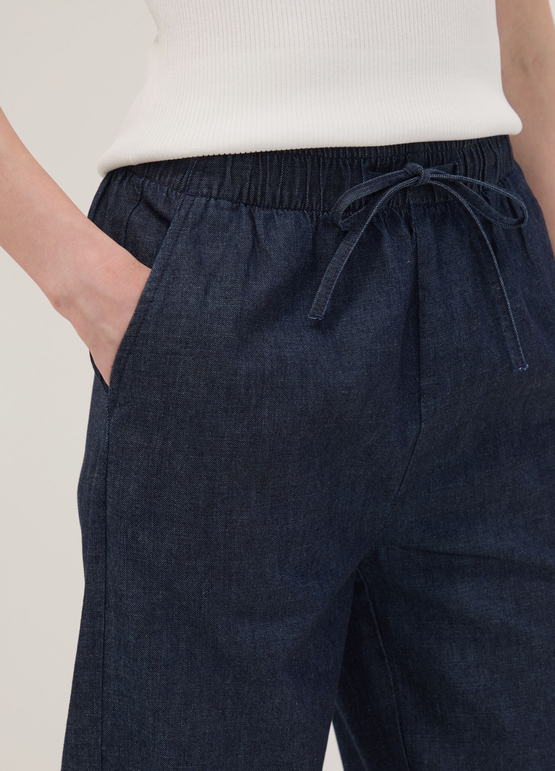 Blue pure cotton wide-leg denim trousers with drawstring