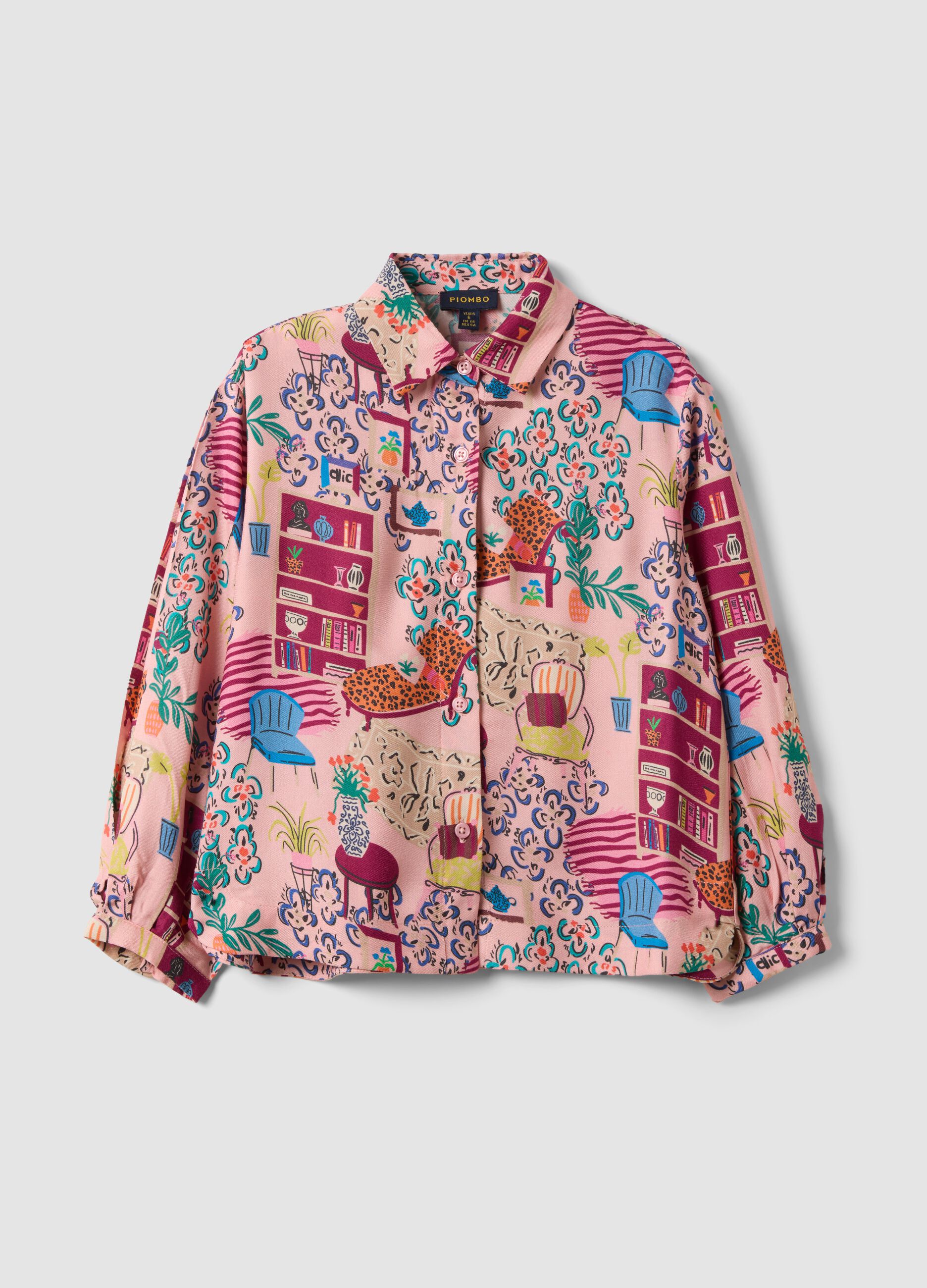 Pink pure viscose patterned shirt with classic collar for girls