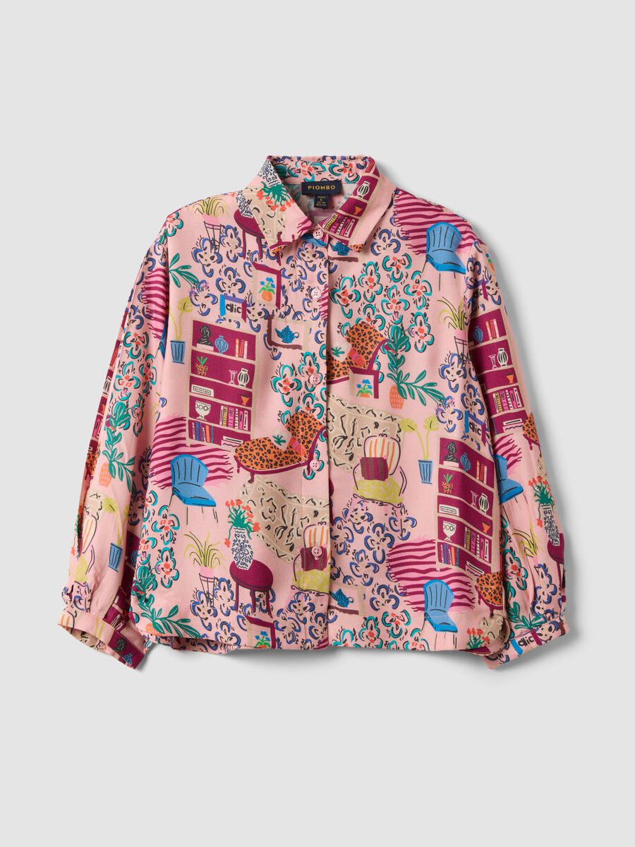 Pink pure viscose patterned shirt with classic collar for girls_3
