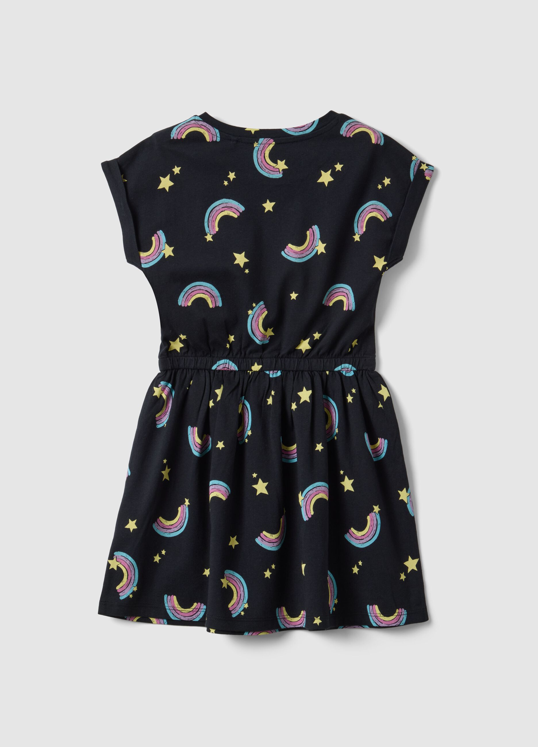Girls' regular fit black pure cotton dress with rainbows