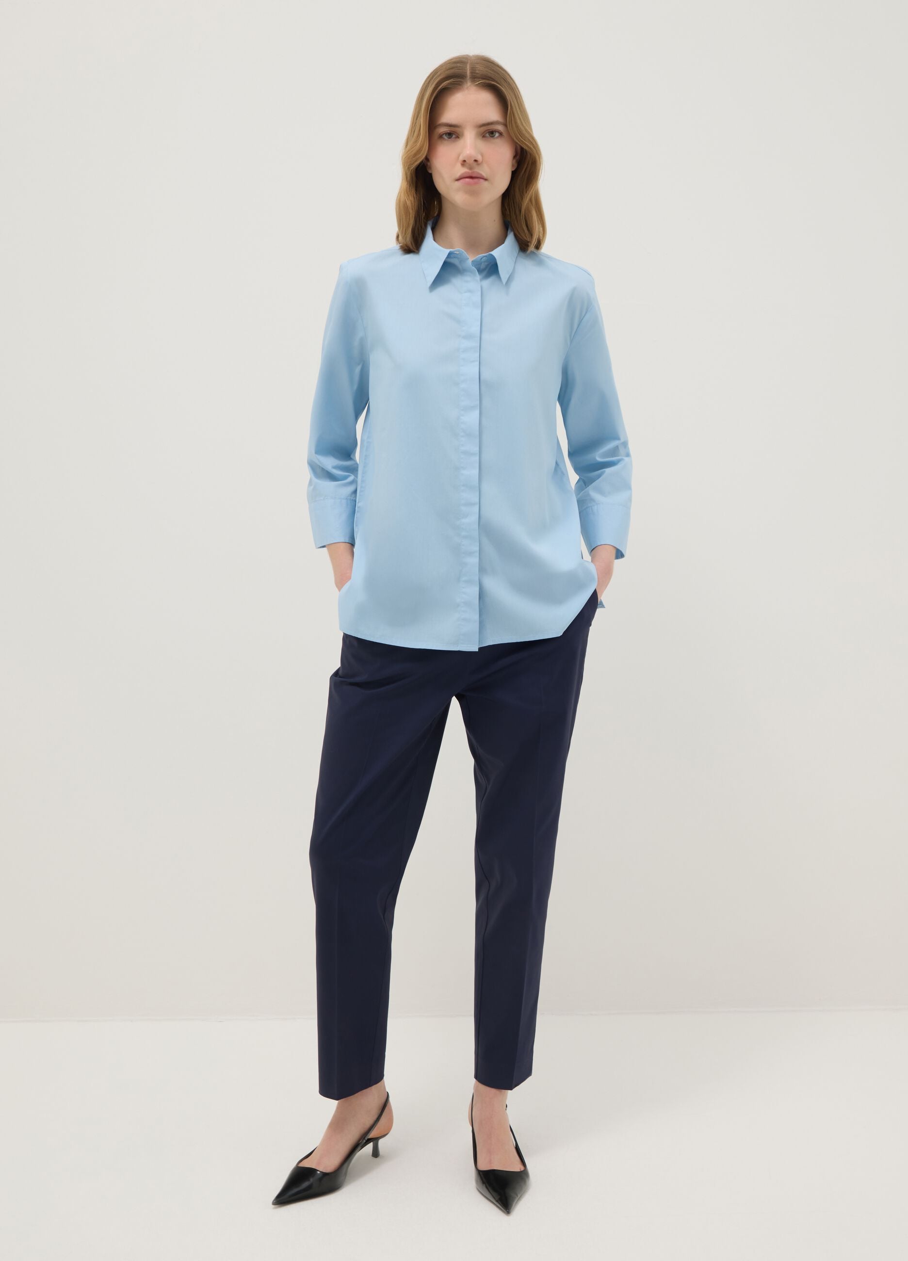 Light blue pure cotton shirt regular fit with three-quarter sleeves