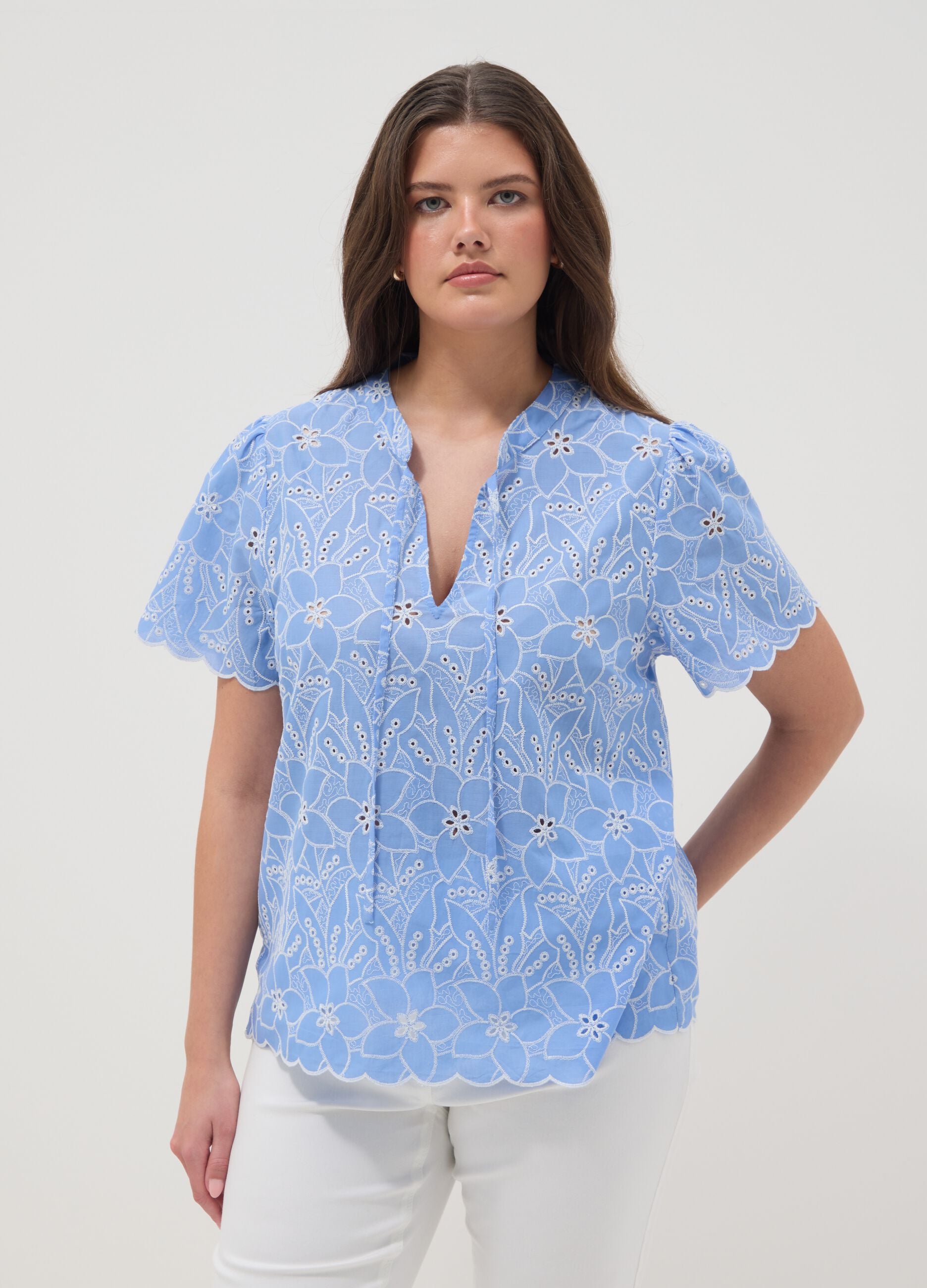 Sky-blue pure cotton broderie anglaise blouse
