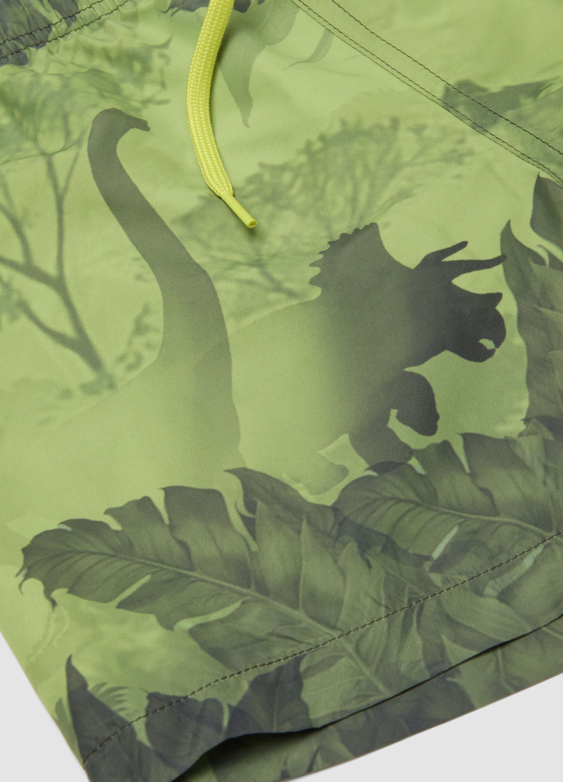 Green boys&rsquo; swim shorts with dinosaur print