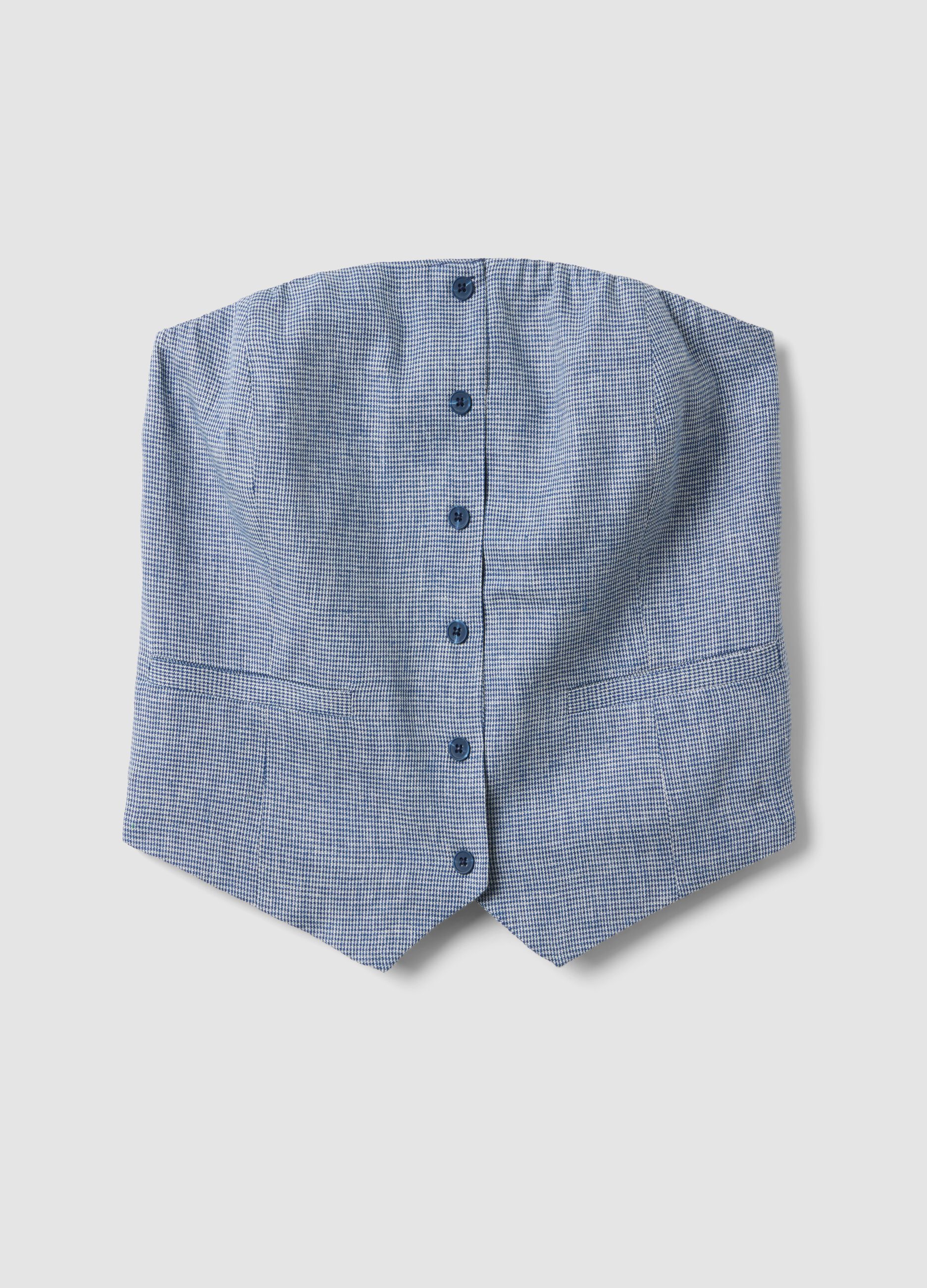 Slim-fit white and blue checked linen-blend corset