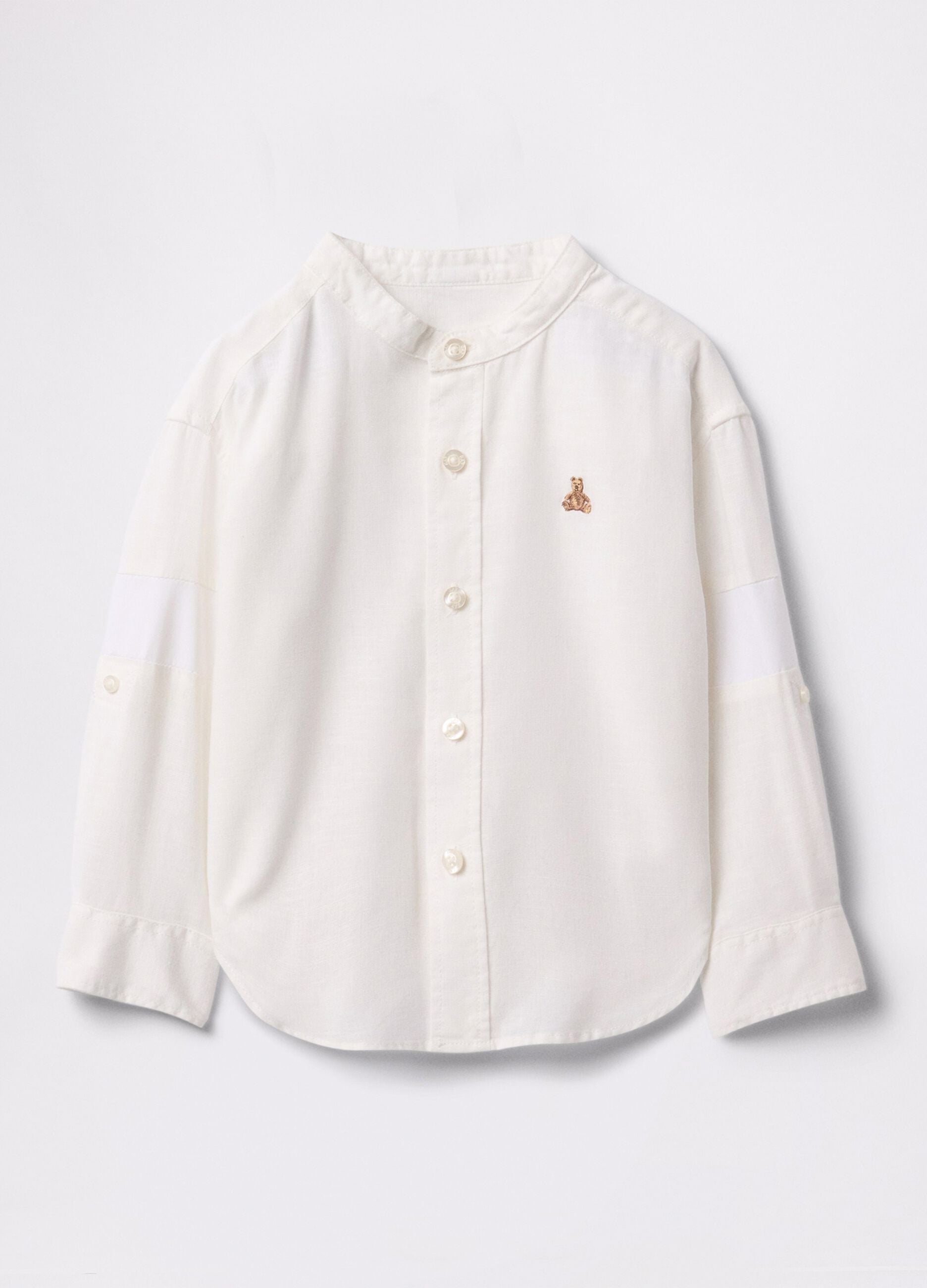 White linen and cotton shirt with teddy bear embroidery