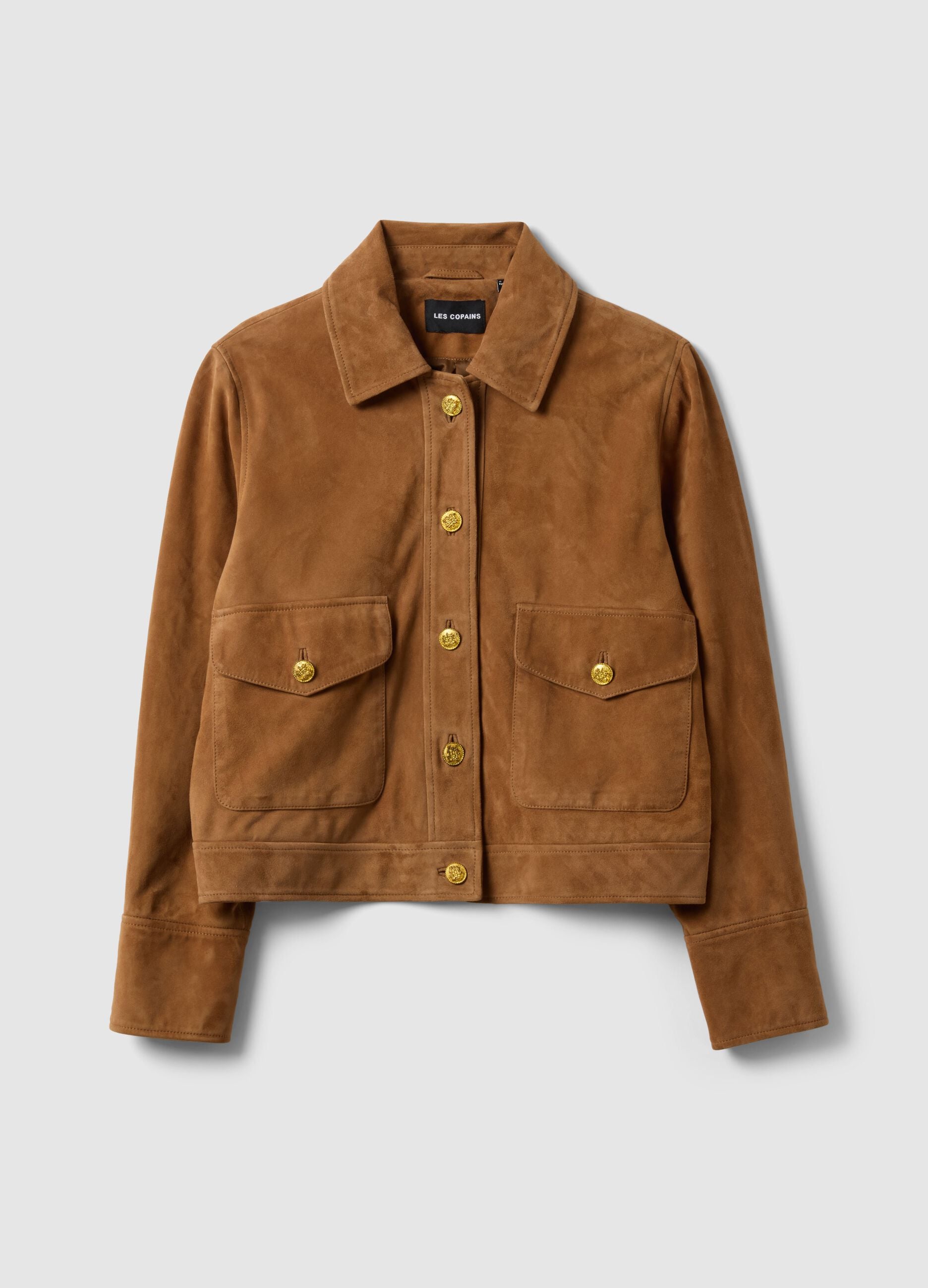 Regular fit brown genuine leather jacket with buttons