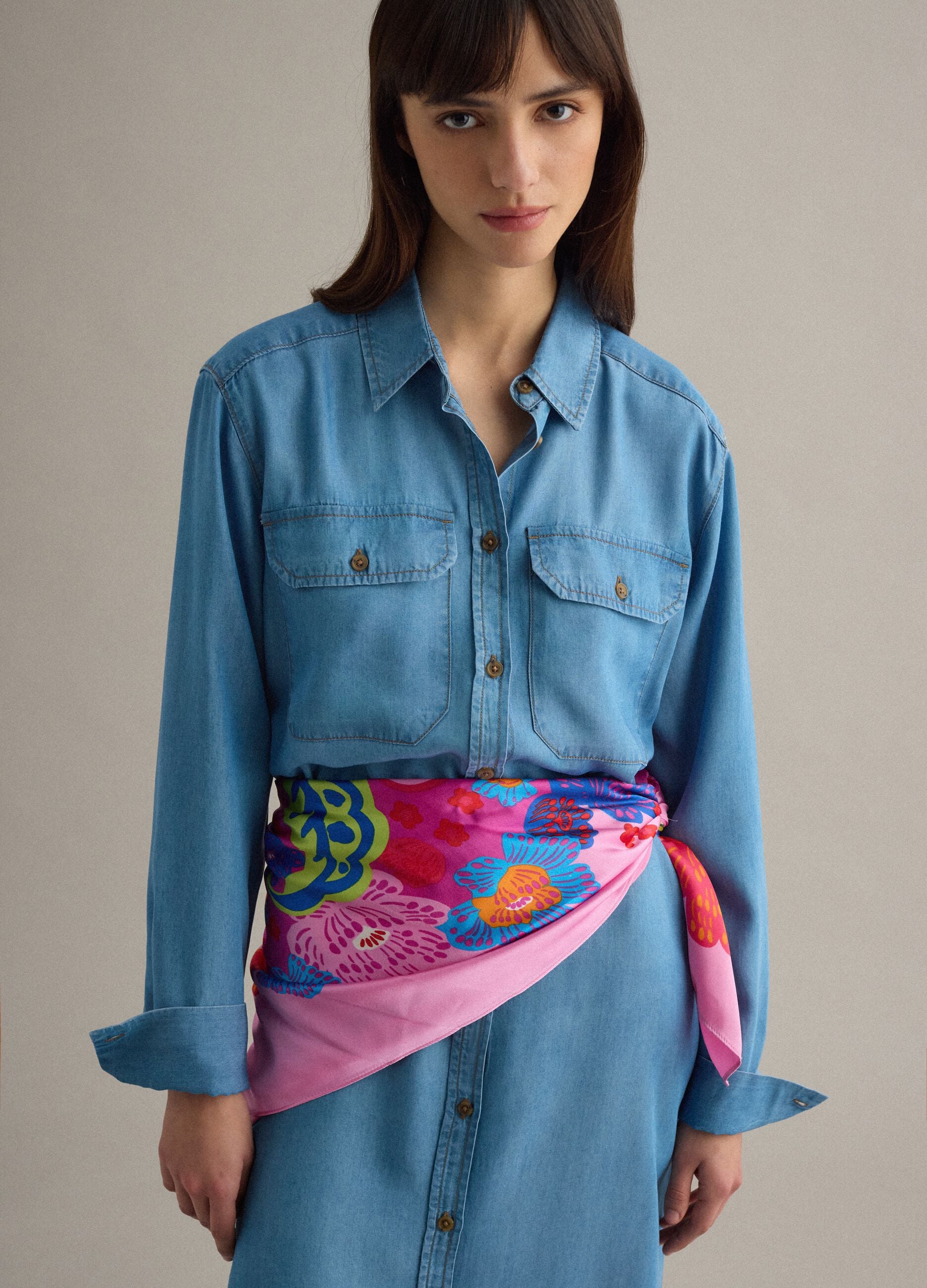 Long dress in pure blue lyocell denim regular fit with belt