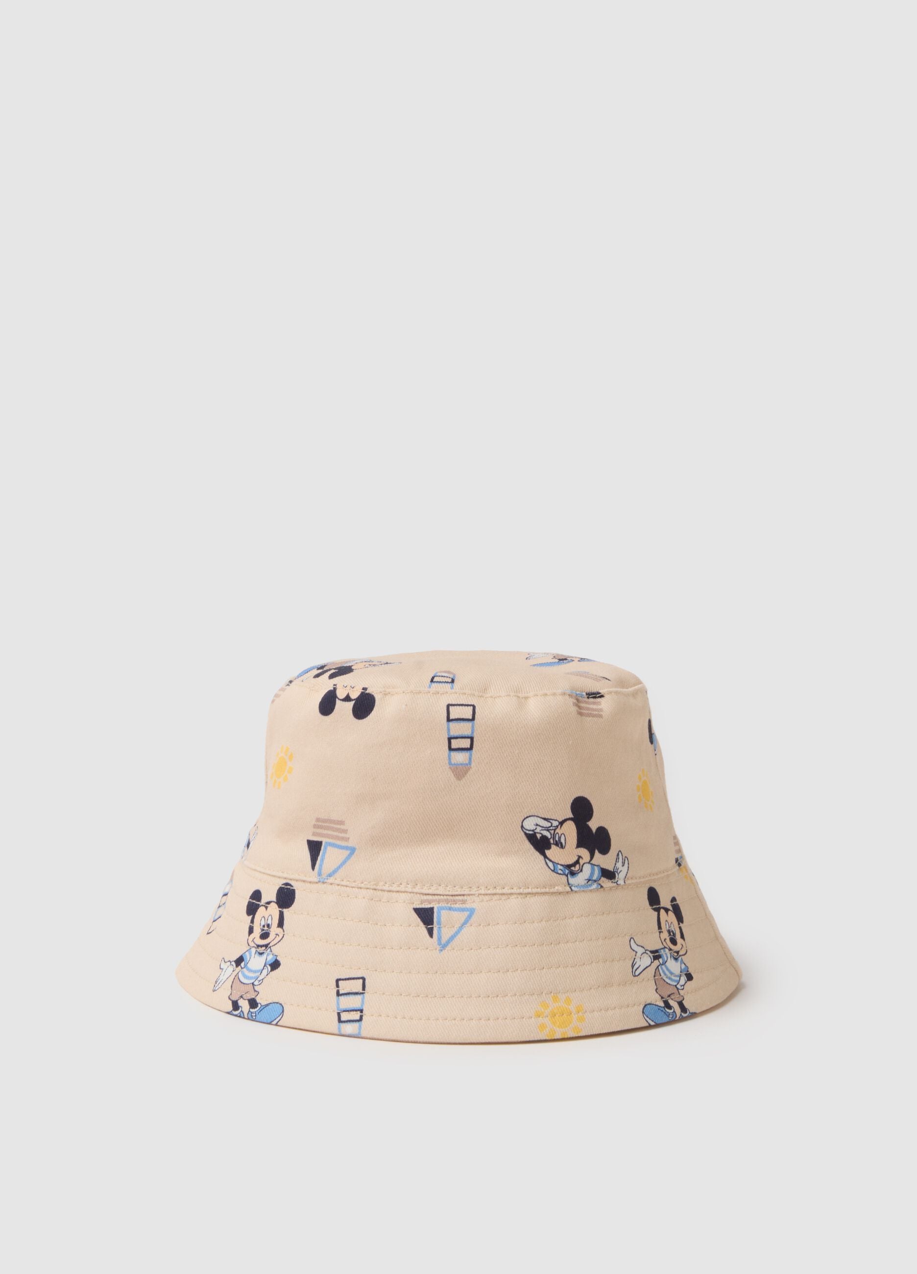 Beige pure cotton bucket hat for kids with Mickey Mouse prints