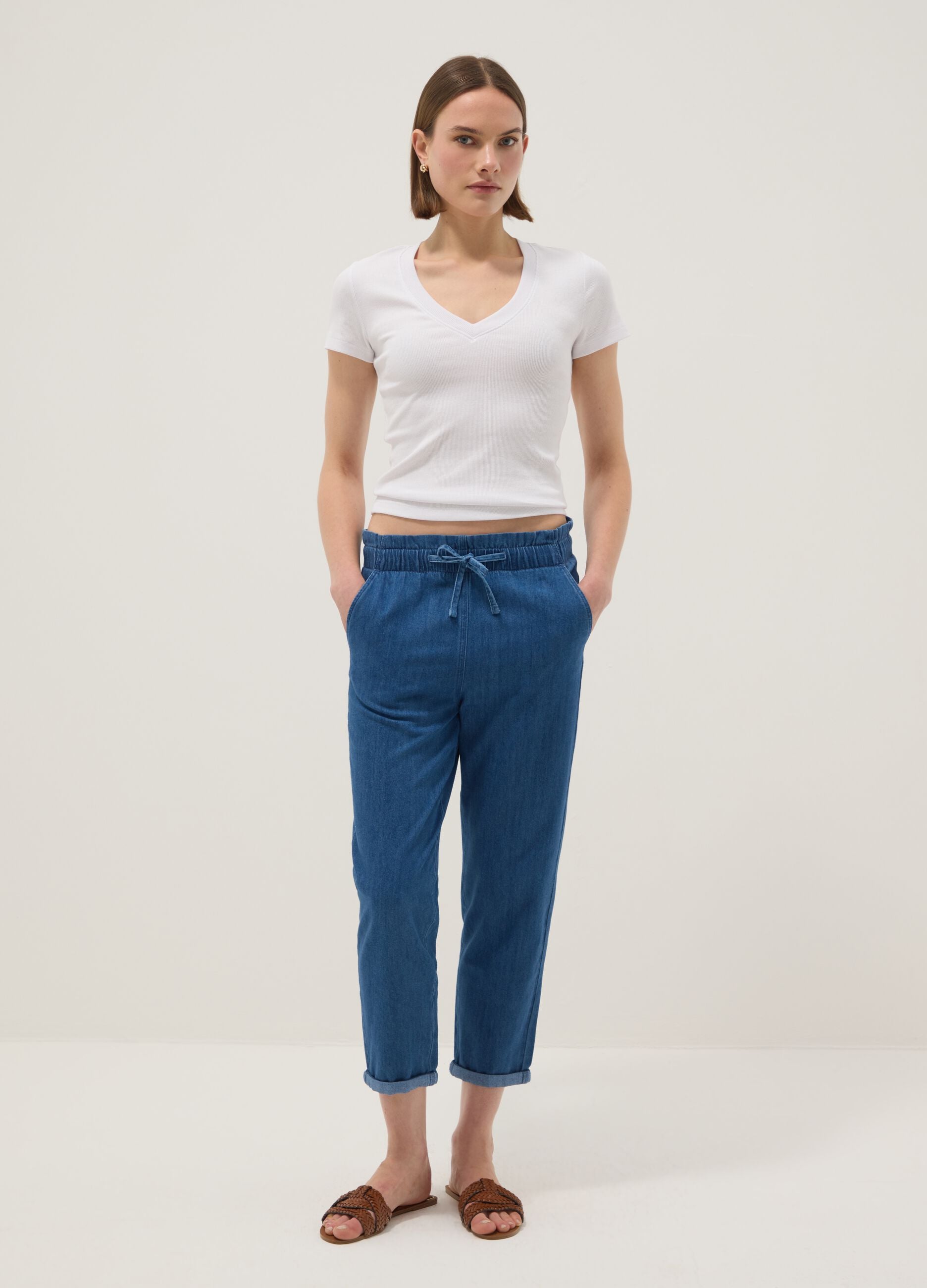 Paper bag trousers in pure blue denim cotton regular fit