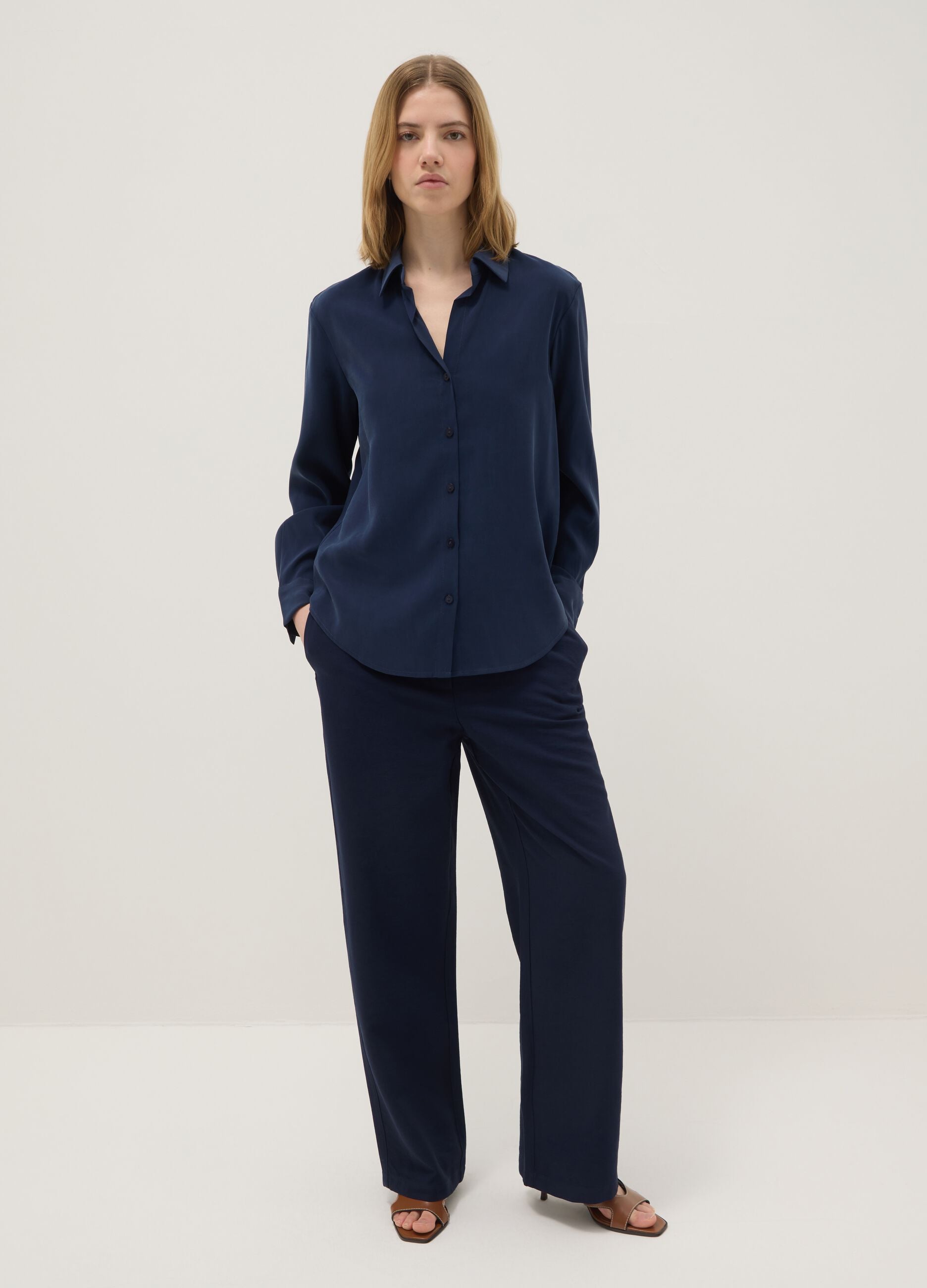 Blue Long Sleeve Shirt in Viscose Blend Regular Fit