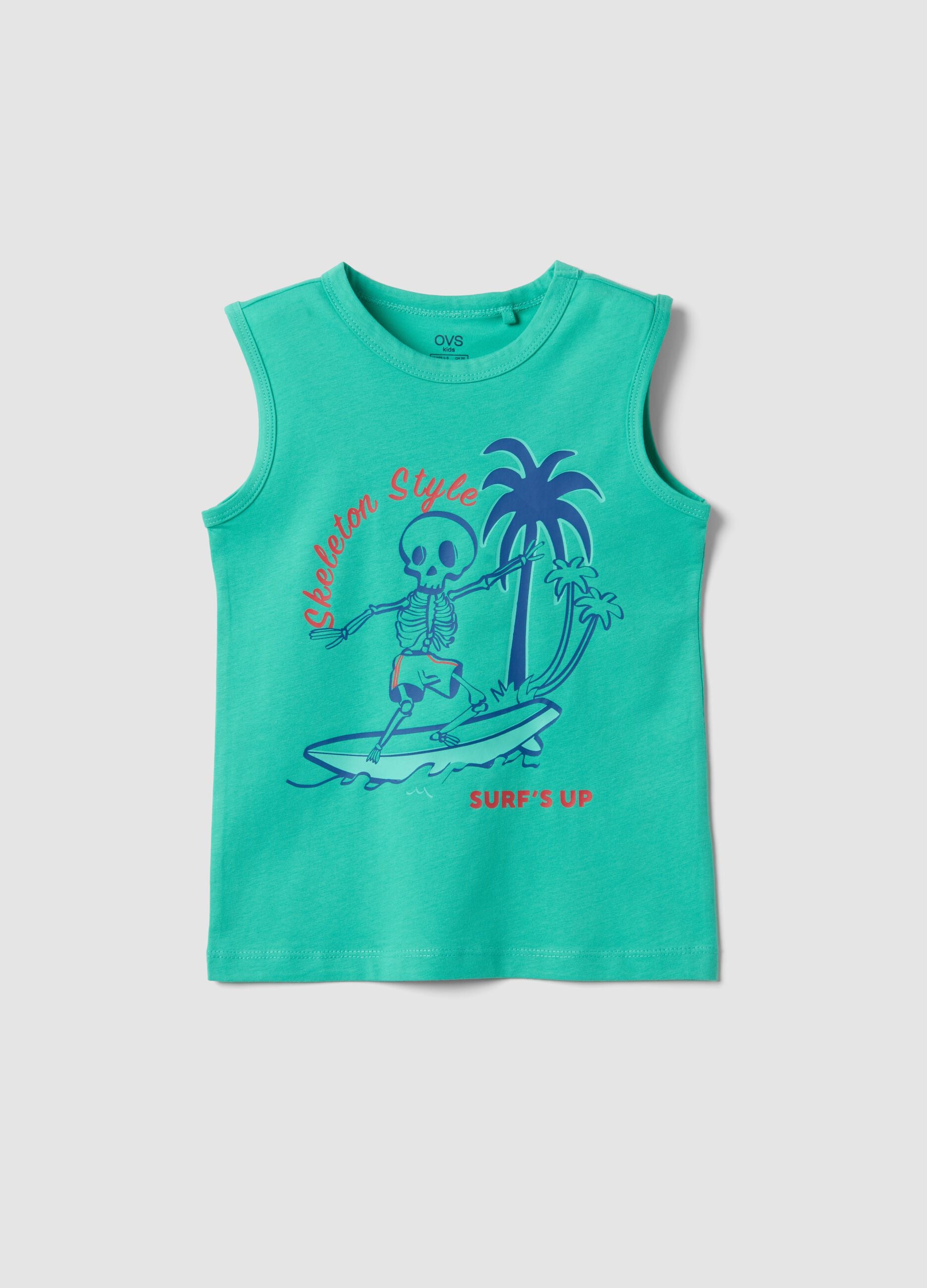 Green pure cotton surf-print vest top for boys, regular fit