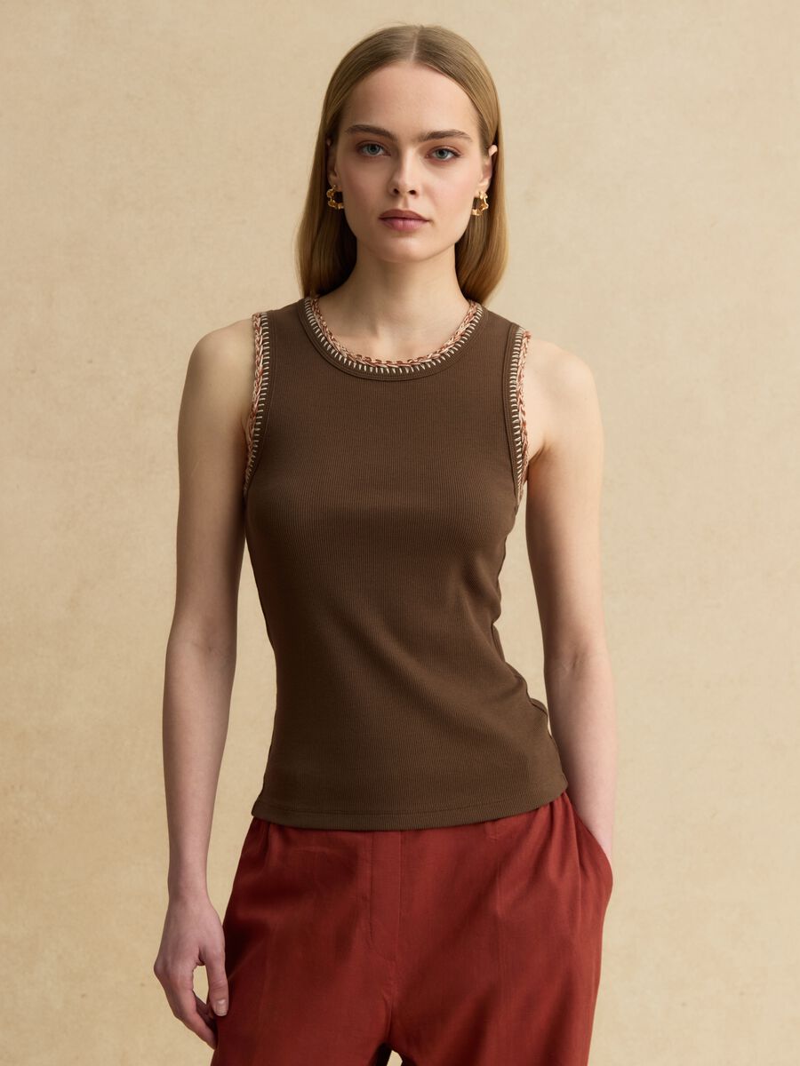Brown Stretch Cotton Tank Top with Regular Fit and Embroidered Edges_0