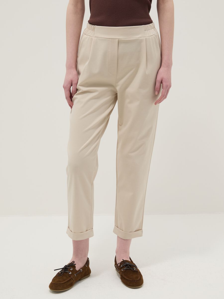 Beige Stretch Cotton Blend Regular Fit Trousers_2