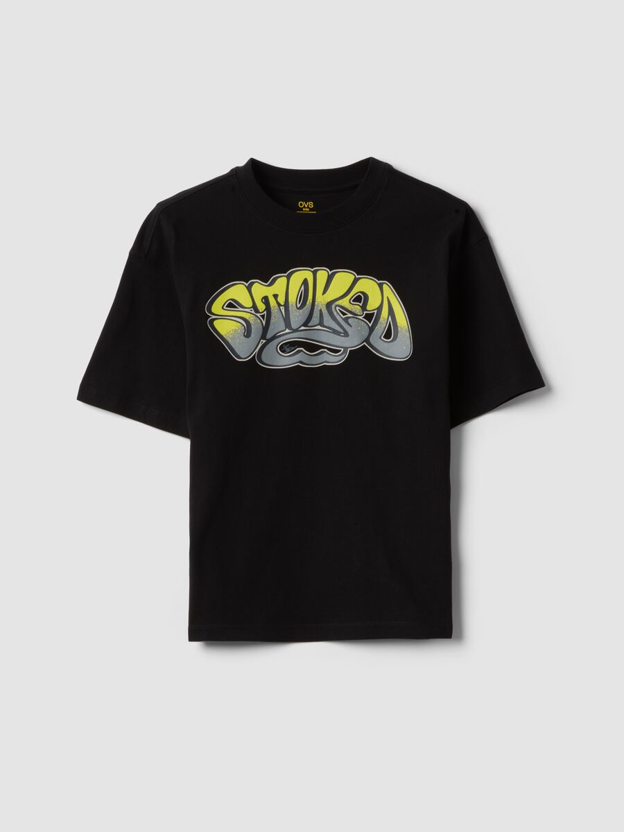 T-shirt nera in puro cotone con stampa frontale_3