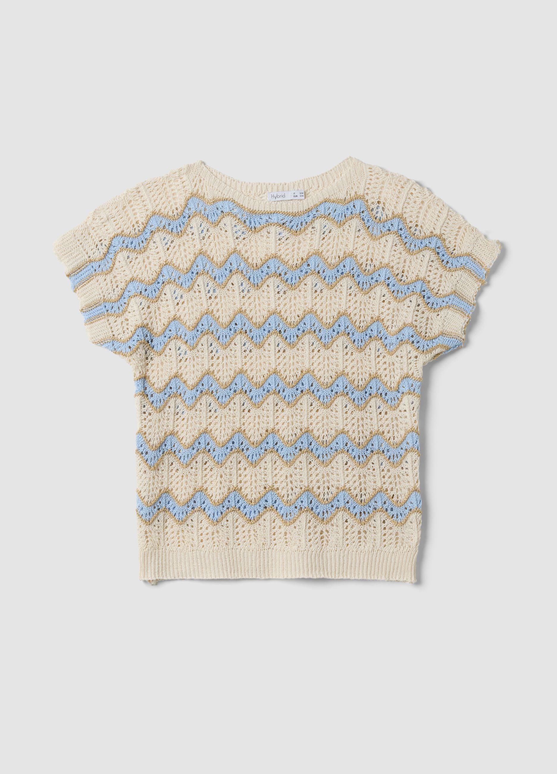 Beige open-knit top with light blue stripes in stretch cotton, regular fit