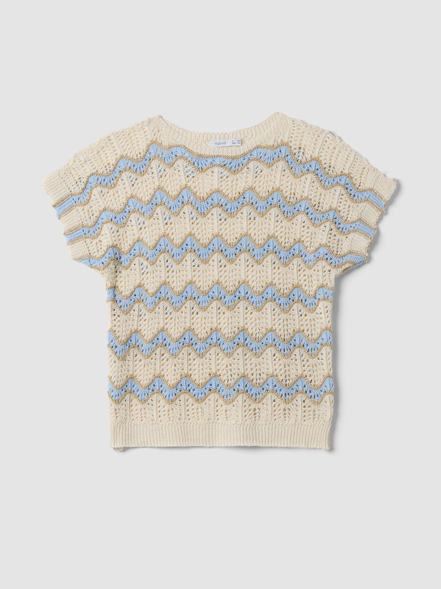 Beige open-knit top with light blue stripes in stretch cotton, regular fit_4