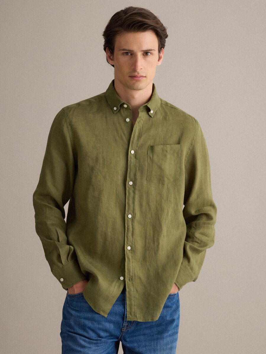 Green pure linen shirt with button-down collar, regular fit_0