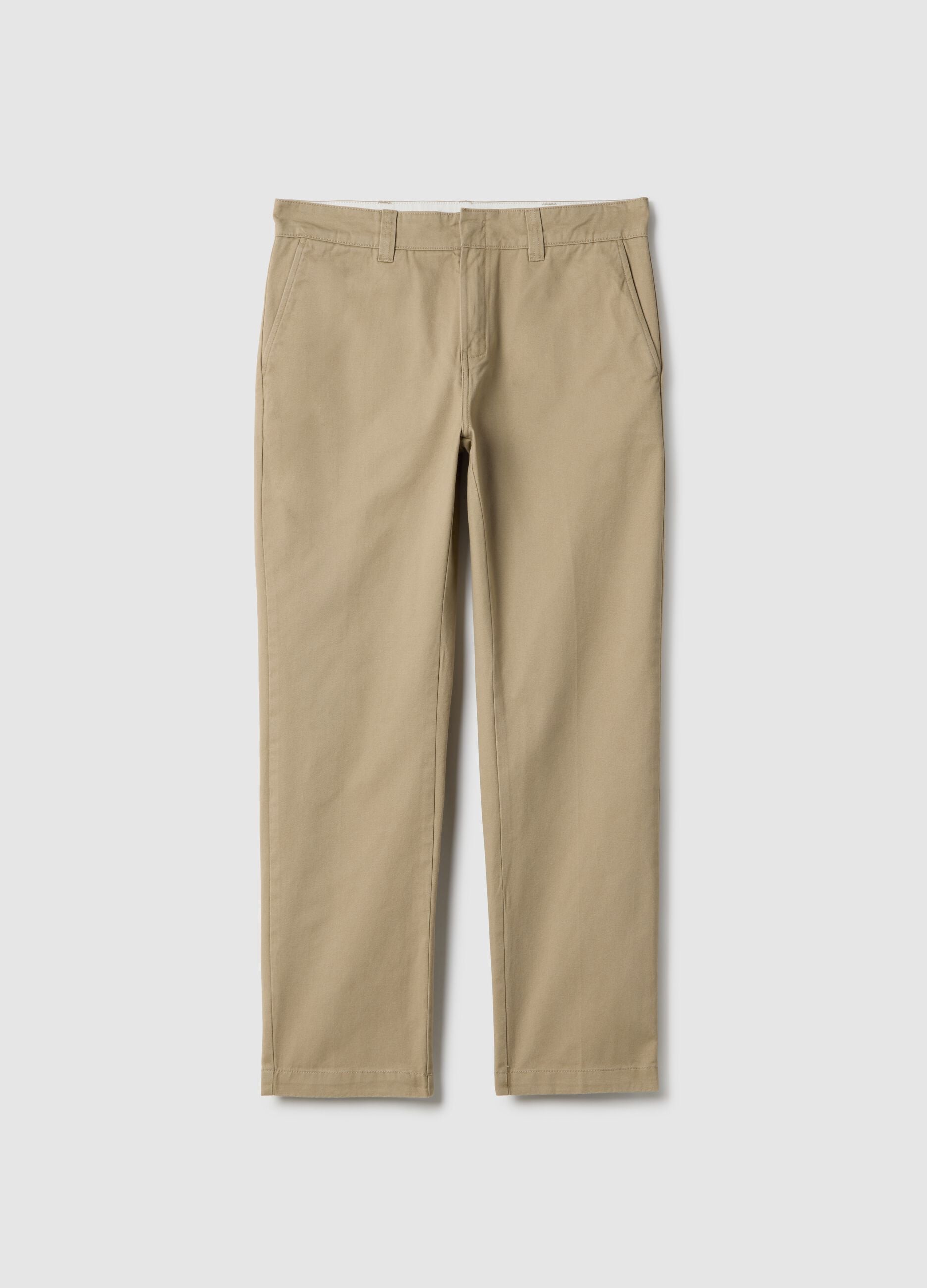 Regular fit straight beige chino trousers in pure cotton twill