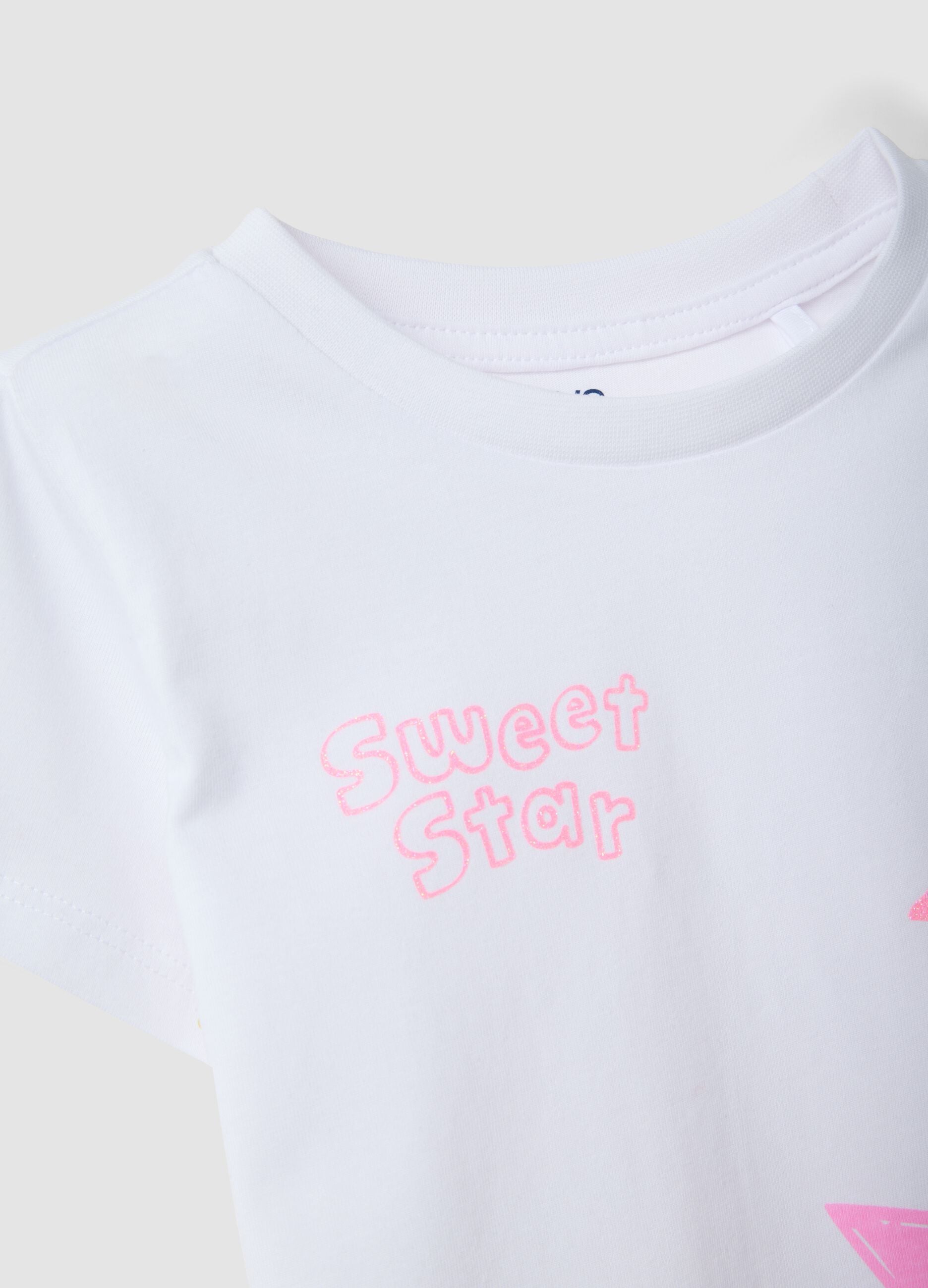 White pure cotton girls' t-shirt regular fit with stars