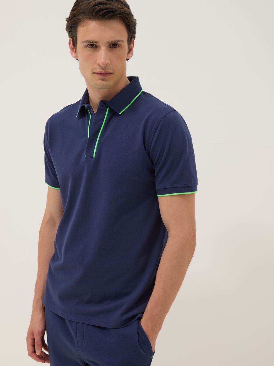 Blue short-sleeved polo in stretch cotton_0