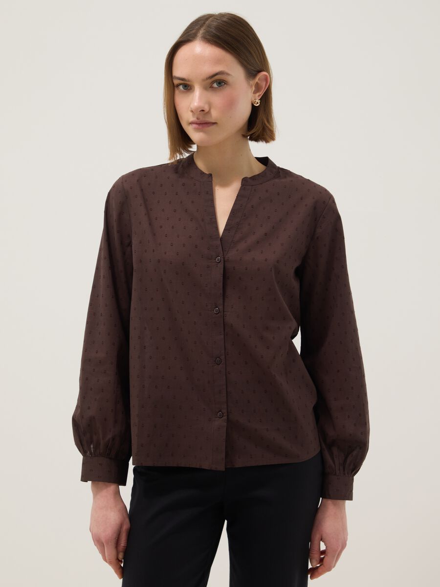 Brown pure cotton shirt with deep V-neck and polka dots, regular fit_0