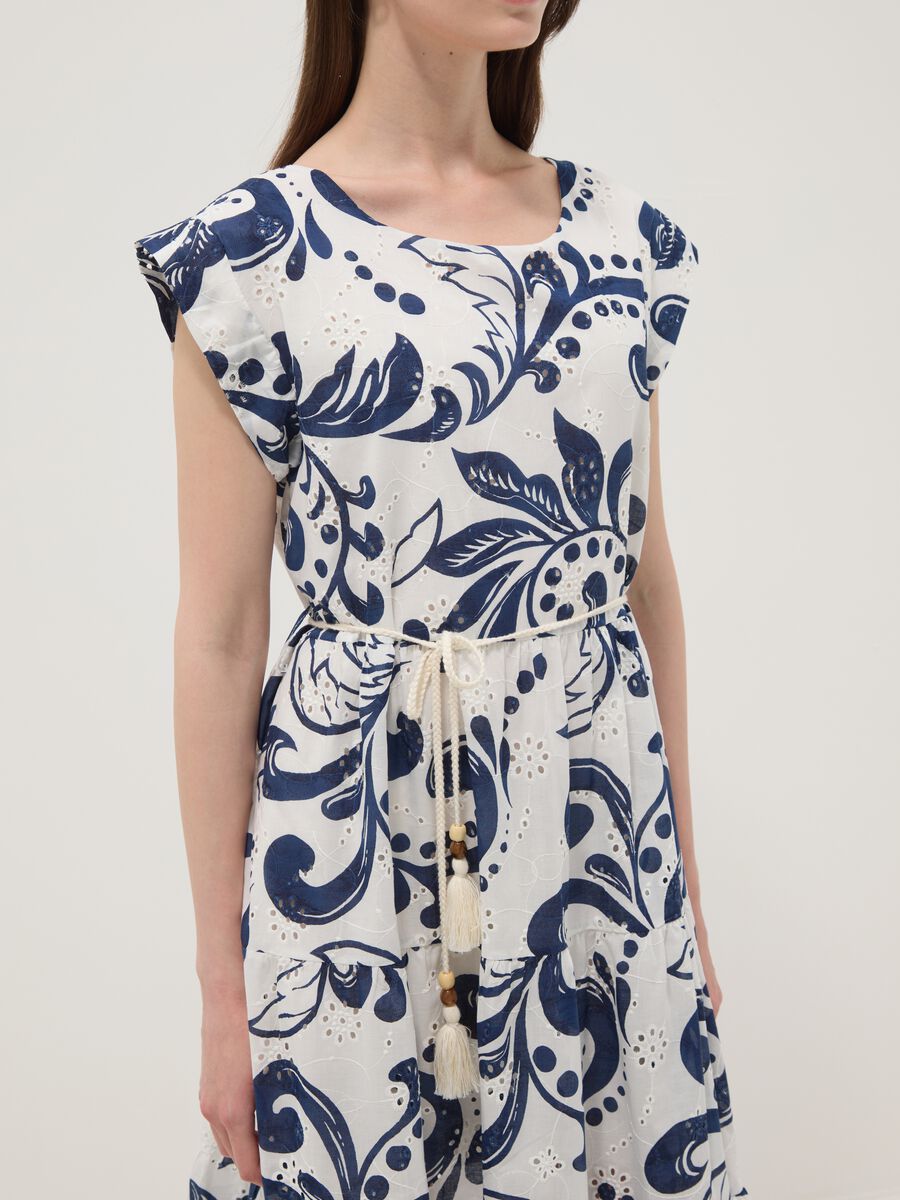 Blue and white pure cotton dress with all-over print and rope belt_2