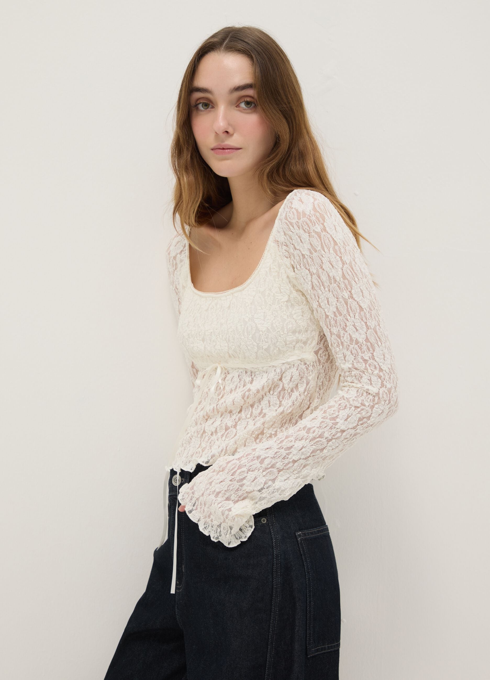 White long-sleeve top with lace