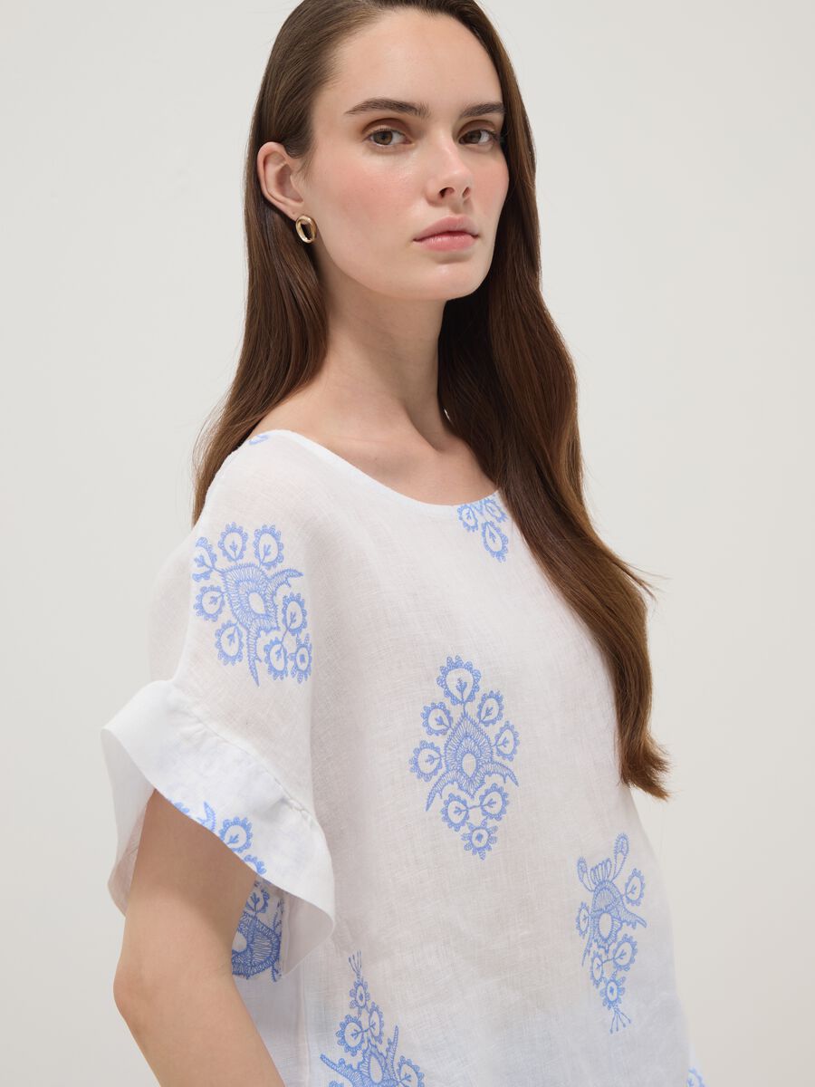 White pure linen blouse with embroidery and ruffle sleeves, regular fit_0