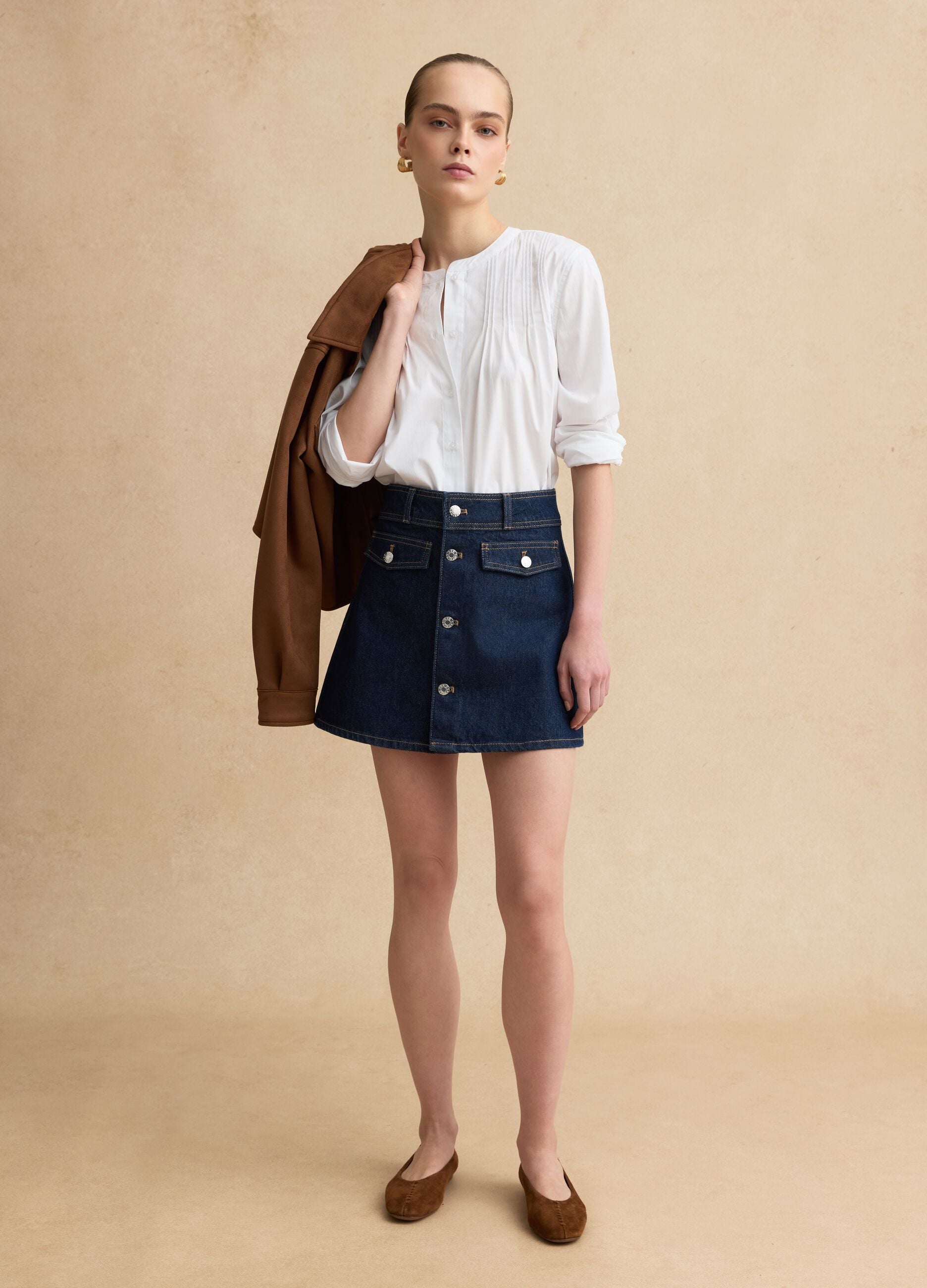 White cotton blend regular fit shirt with mandarin collar