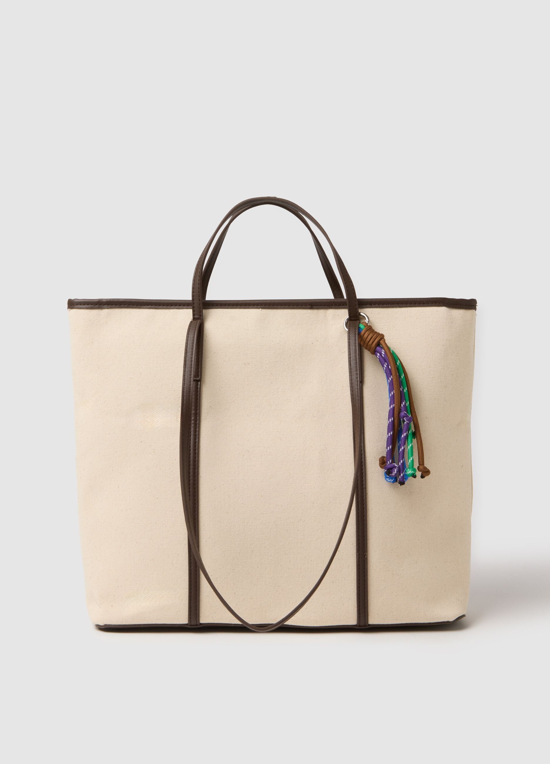 Beige pure cotton shoulder bag with sturdy handles