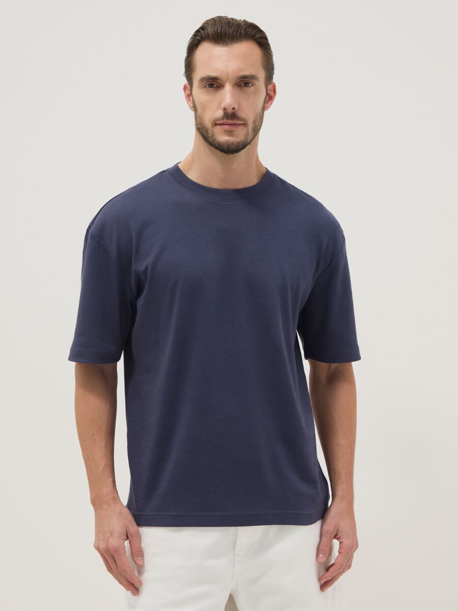 Blue pure cotton short-sleeve T-shirt, relaxed fit_0